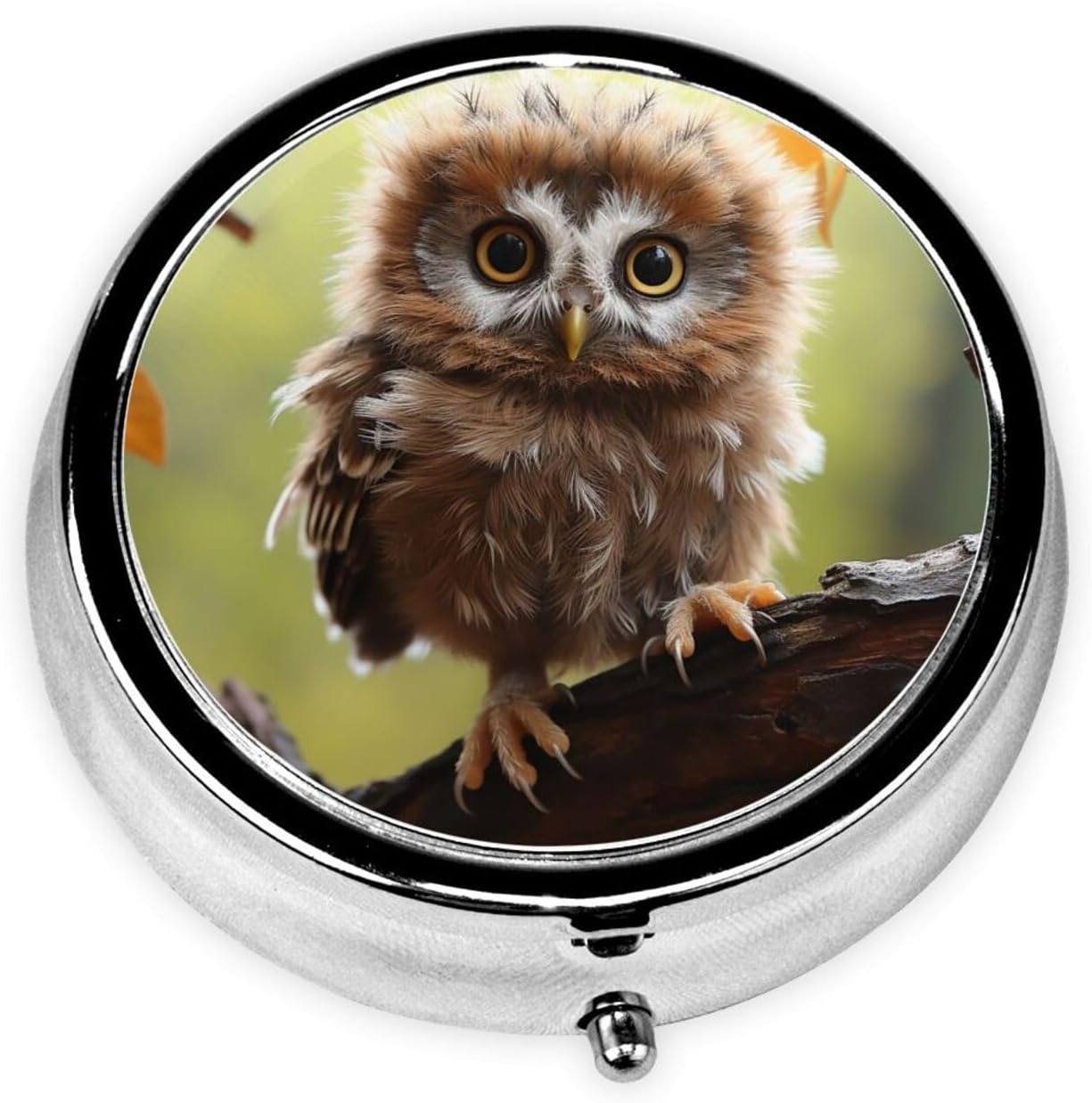 Real Cute Owls Print Pill Box 3 Compartment Round Pill Case with Mirror Metal Pill Organizer Travel Pillbox Mini Medicine Storage Box for Pocket Purse
