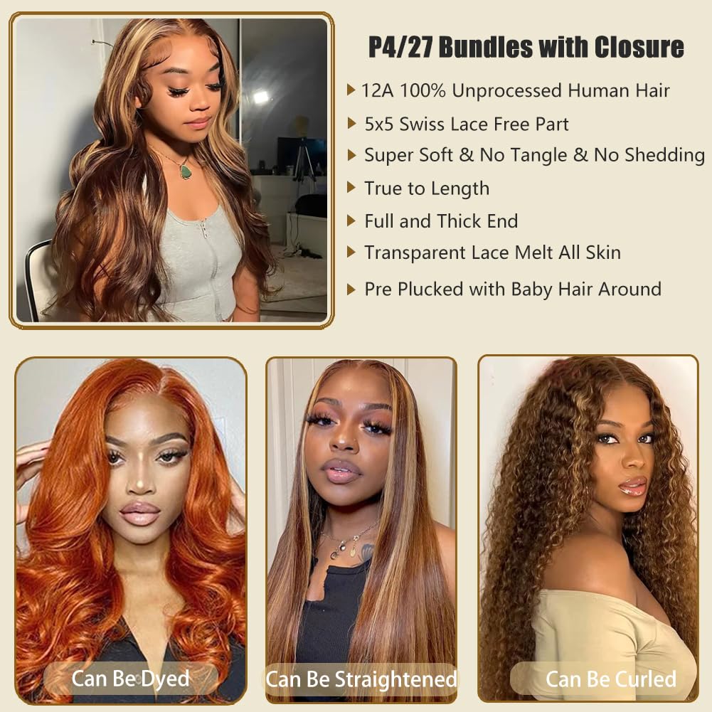 Beautymoon Ombre Body Wave Bundles with Closure （18 20 22+16 Inch) 100% Unprocessed Highlight Human Hair Body Wave 3 Bundles with 5x5 Transparent Swiss Lace Closure Free Part Piano Color