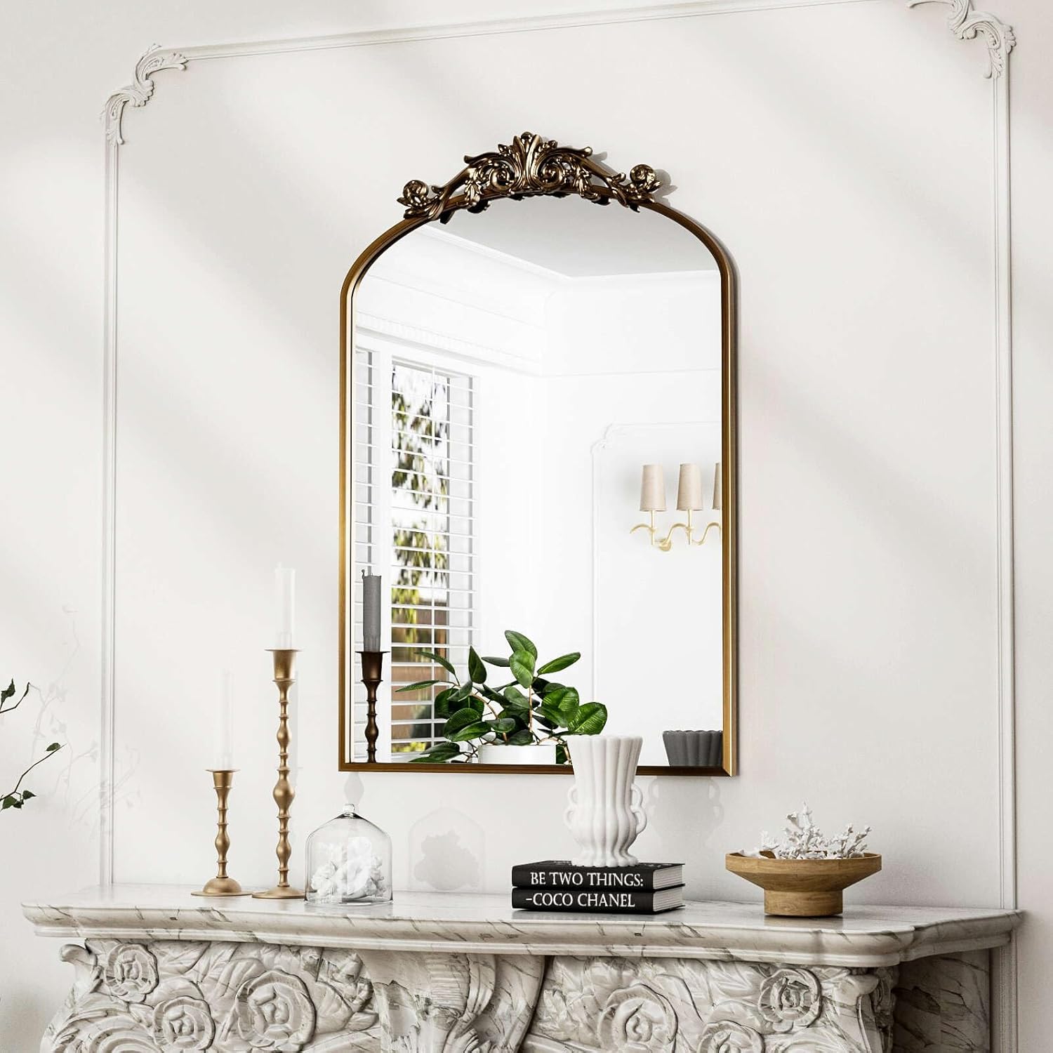 Traditional Vintage Gold Mirror Antique Arched Mirror Bronze Decor Wall Mirrors Large Baroque Mirror with Aluminum Frame Ornate