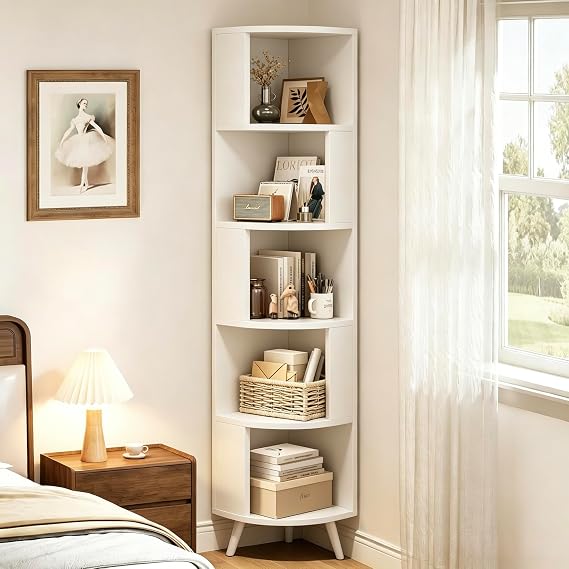White Corner Bookshelf, Corner Shelf for Bedroom Living Room Office