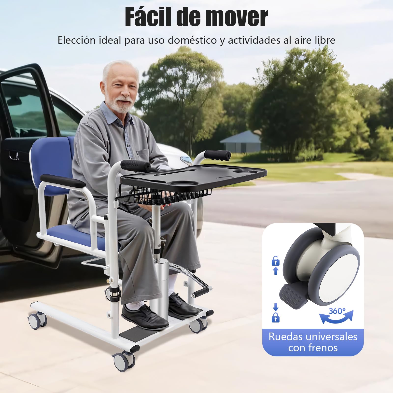 Silla hidráulica de transferencia para pacientes, capacidad de carga de 150 kg, respaldo de apertura de 180°, altura regulable de 41 a 65 cm, elevador de pacientes con mesa, función de aseo, para
