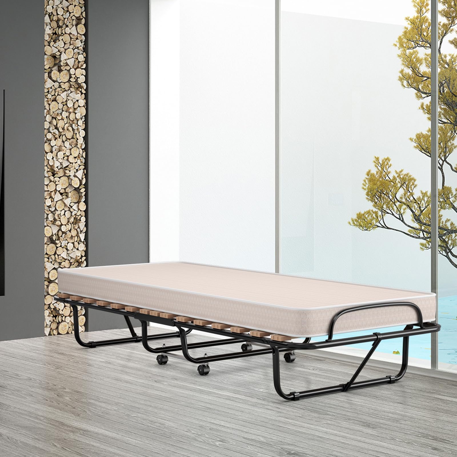 COSTWAY 80x190cm Gästebett mit Matratze aus Rückstellschaum, Klappbares Einzelbett, Stabiler Metallbett bis 130kg belastbar, Klappbett auf Rädern, Faltbett Gästezimmer, Tragbares Bett, Beige