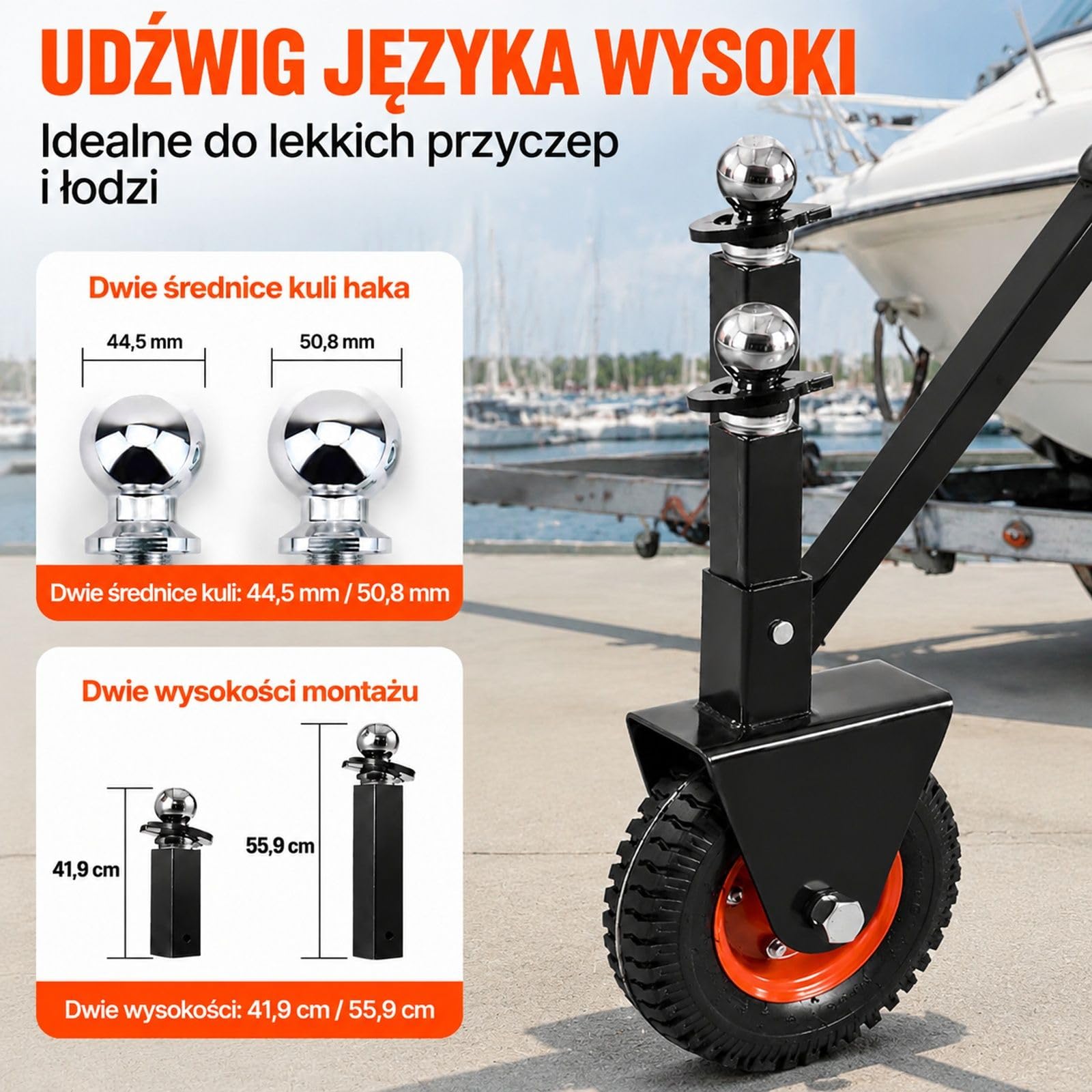 Wózek manewrowy do przyczepy z uchwytem i kulą holowniczą, ręczna pomoc do ustawiania przyczep kempingowych, łodzi oraz małych lawet