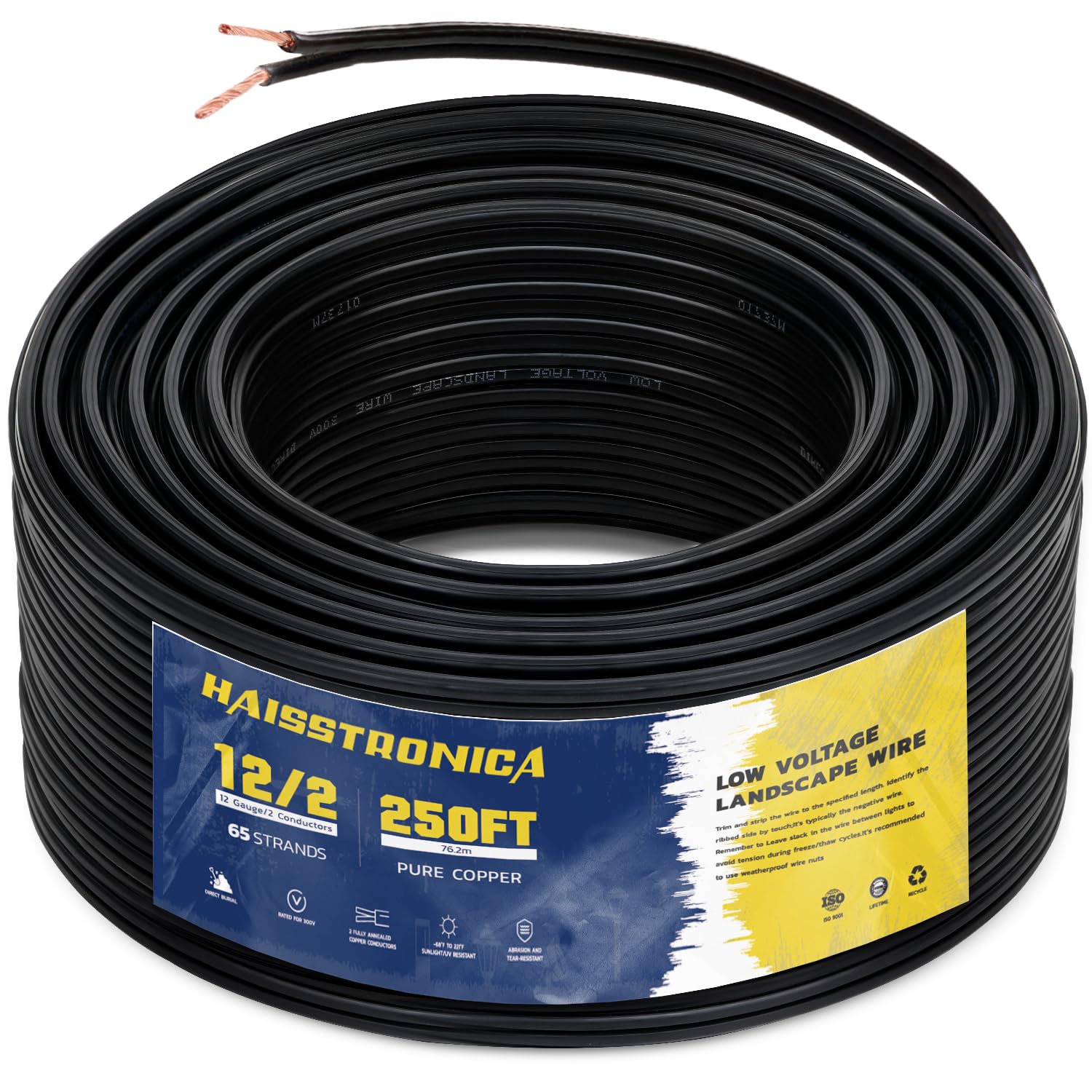 haisstronica 12/2 Low Voltage Landscape Wire 250ft - Copper Direct Burial Waterproof Cable for Landscape Lighting, Outoor Pathway Lights & Garden LED,