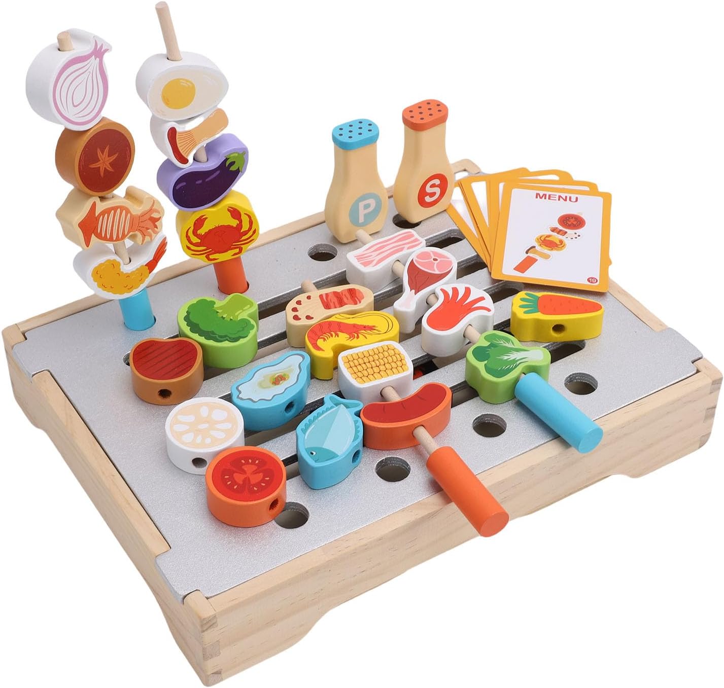 Diydeg Wooden Kids BBQ Grill Playset, Multifunction Simulation Kitchen Toy with 25 PCS Food and Grilling Tools, Toddlers Boys Girls Age 3+