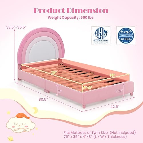 Miniatura 29 de HONEY JOY Marco de cama individual para niños, plataforma de cama individual de madera con cabecera y base de listones, no necesita somier, muebles