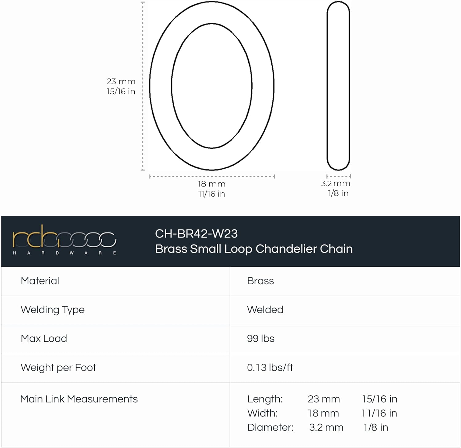 RCH Hardware CH-42W-MS-3 | Decorative Solid Brass Chain for Hanging, Lighting - Small Oval Welded Links (3ft/ 1 Yard) (Matte Silver)