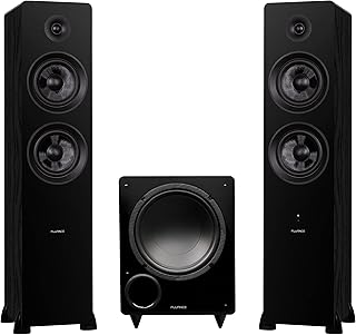 Fluance Ai81 Powered Floorstanding Tower Speakers and DB10 10" Low Frequency Ported Front Firing Powered Subwoofer with 15 Feet RCA Ultimate Performance Collection Subwoofer Cable (Black Ash)