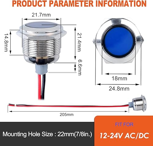 Miniatura 40 de 2 luces indicadoras LED de 0.630 in (5/8 pulgadas), 12-24 V AC/DC 20 mA ahorro de energía de metal impermeable IP67 lámpara piloto de una sola Verde