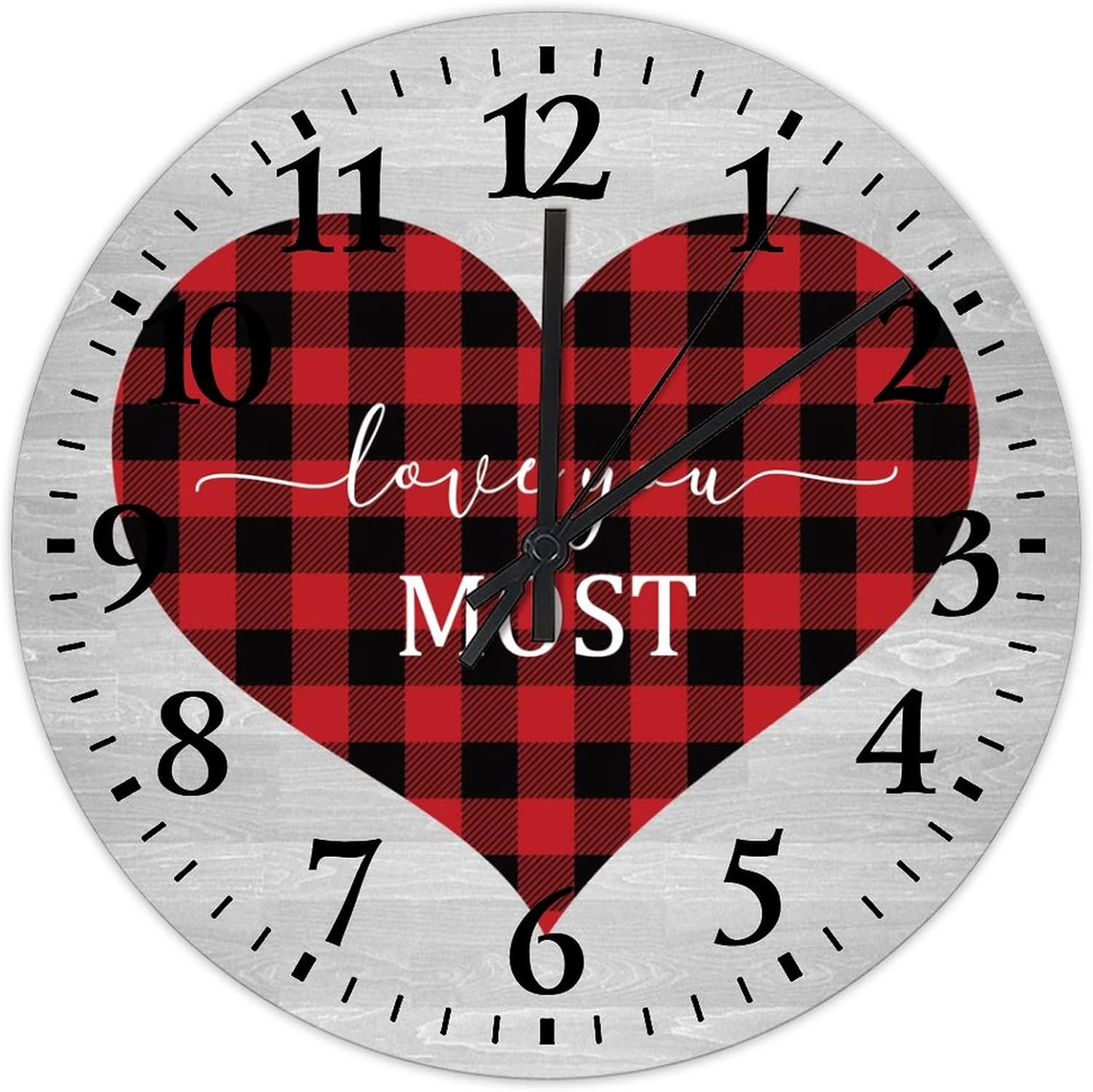 Clock Wood Valentine's Day Love You Most Clocks for Living Room Decor Battery Operated Quartz Analog Quiet Buffalo Check Red Plaid Love Quote Round Clock for Farmhouse Home Decoration 15 Inch
