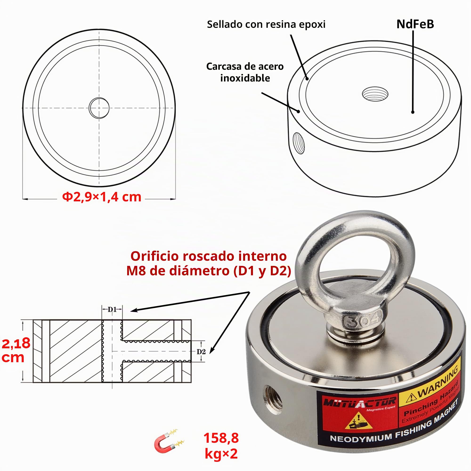 MUTUACTOR Iman de pesca neodimio N52 320 kg con cuerda 20 m para recuperacion magnetica
