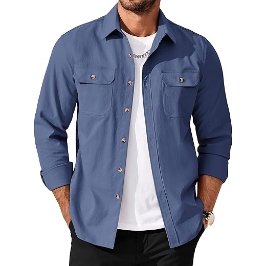 COOFANDY Jaqueta masculina de manga comprida com botões e bolsos de aba