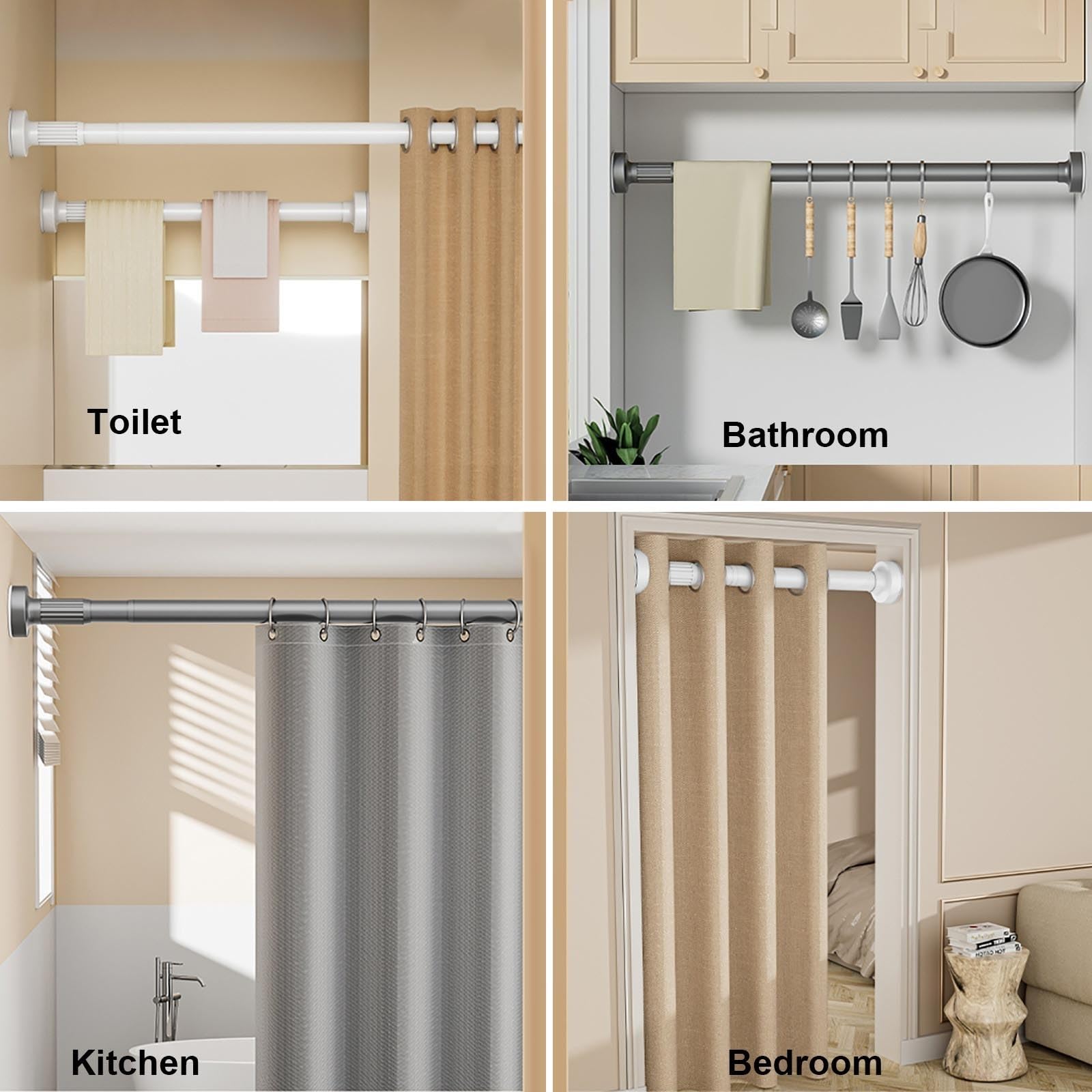 Edelstahl Teleskopstange, Ausziehbare, Rutschfeste Klemmstange als Gardinenstange & Duschstange, Kein Bohren, Für Badezimmer Fenster Küche, 69–164 kg(Stainless steel,1.6~2.5m)