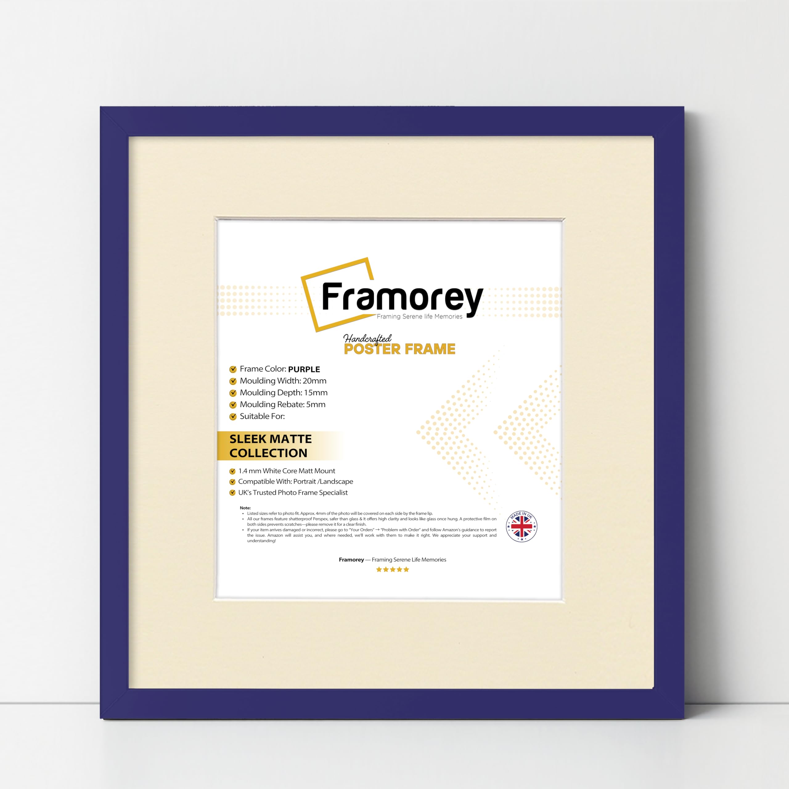 Framorey Framing Serene Life Memories Purple With Ivory Framorey Square Size Thin Matt Photo, Handmade Flat Thin Picture Frame, 7X7" Size Purple Picture Frame With 5X5" Size Ivory Mount, Photo Print Frames