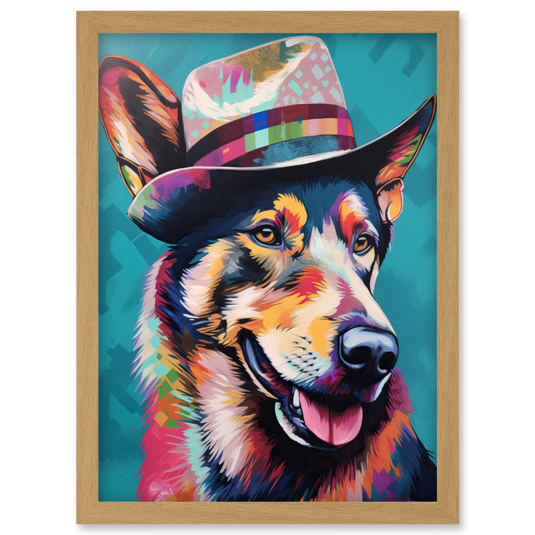Artery8 German Shepherd with Fedora Hat Vibrant Portrait Artwork Framed Wall Art Print A4