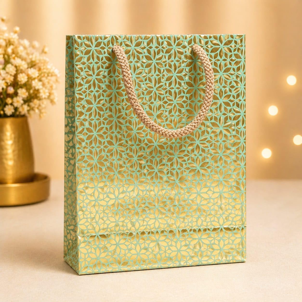 Handmade Gift Carry Bag, Mint Green and Gold, Geometric Floral Pattern, Rope Handles, for Birthdays, Weddings and Festive Occasions-image-27