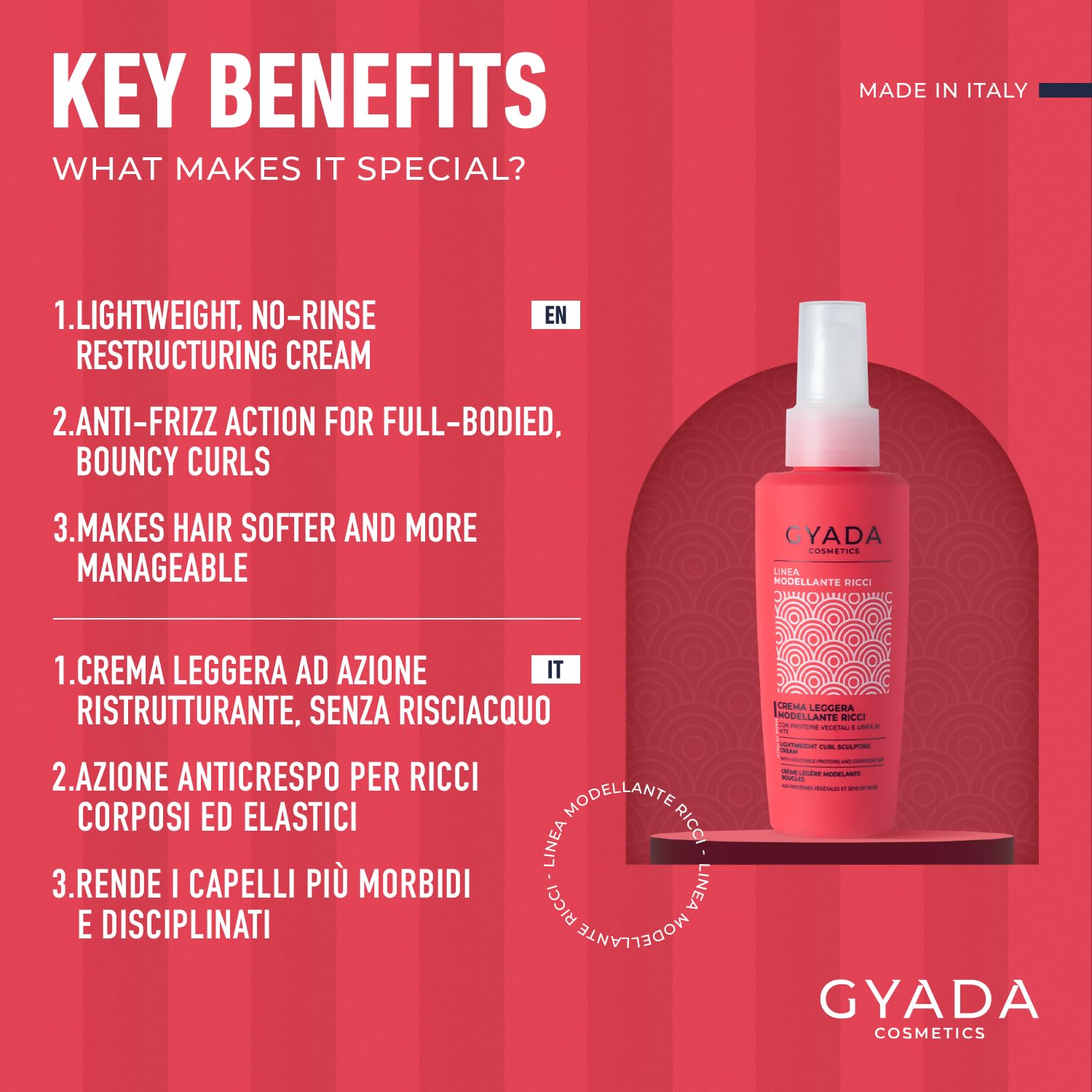 Gyada Cosmetics, Crema Leggera Leave-in Modellante, per Capelli Ricci e Mossi, 97% Ingredienti Naturali, Azione Lucidante e Filmante, Senza Risciacquo, con Proteine Vegetali e Linfa di Vite, 125 ml