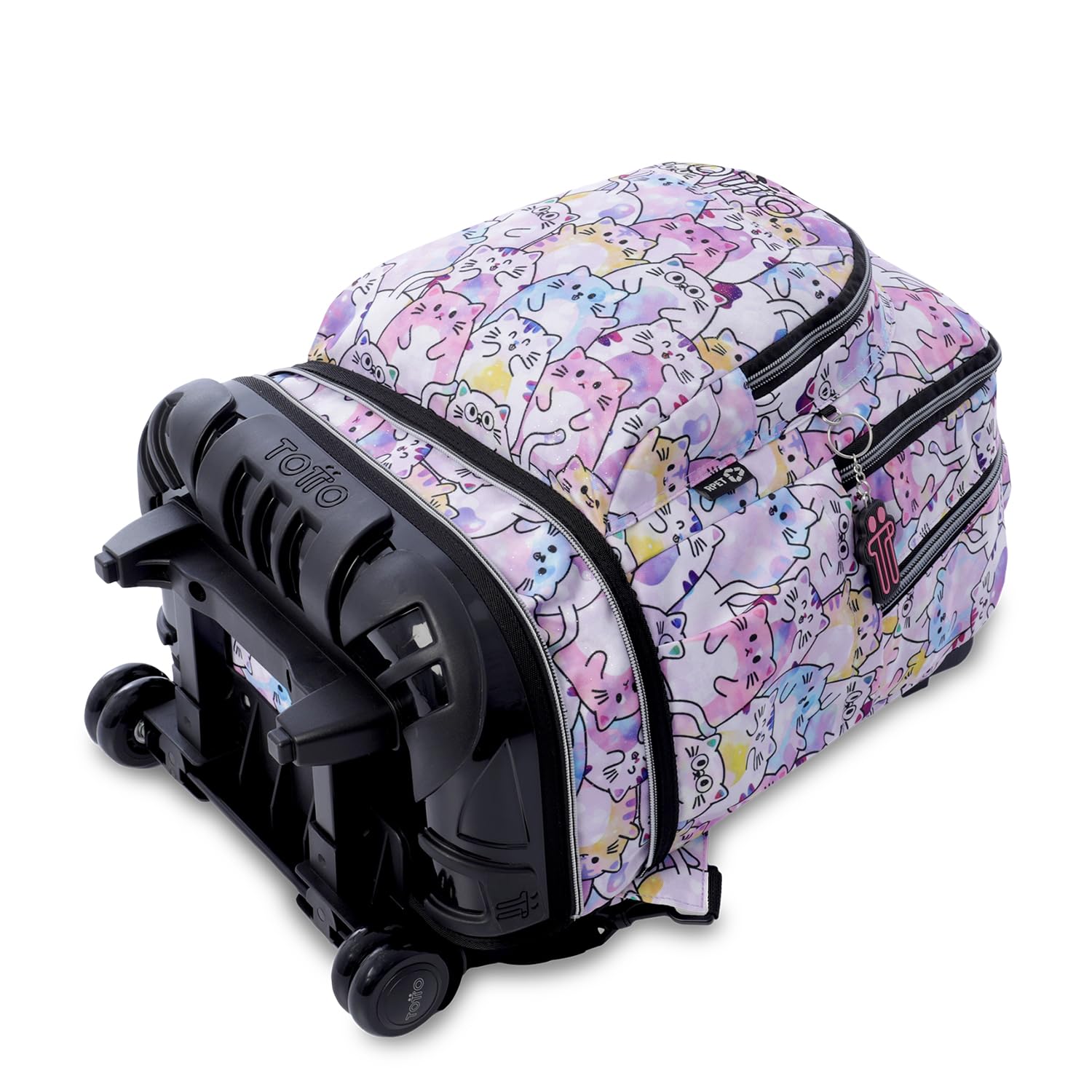 TOTTO - Mochila Escolar con Ruedas Desmontables, Modelo Tiza Glitter, Capacidad 26 L, Mochila PC 15.4", Bolsillo Botella, Manija Telescópica, Espaldar Ergonómico y Correas en S, Estampado Paws Rosa