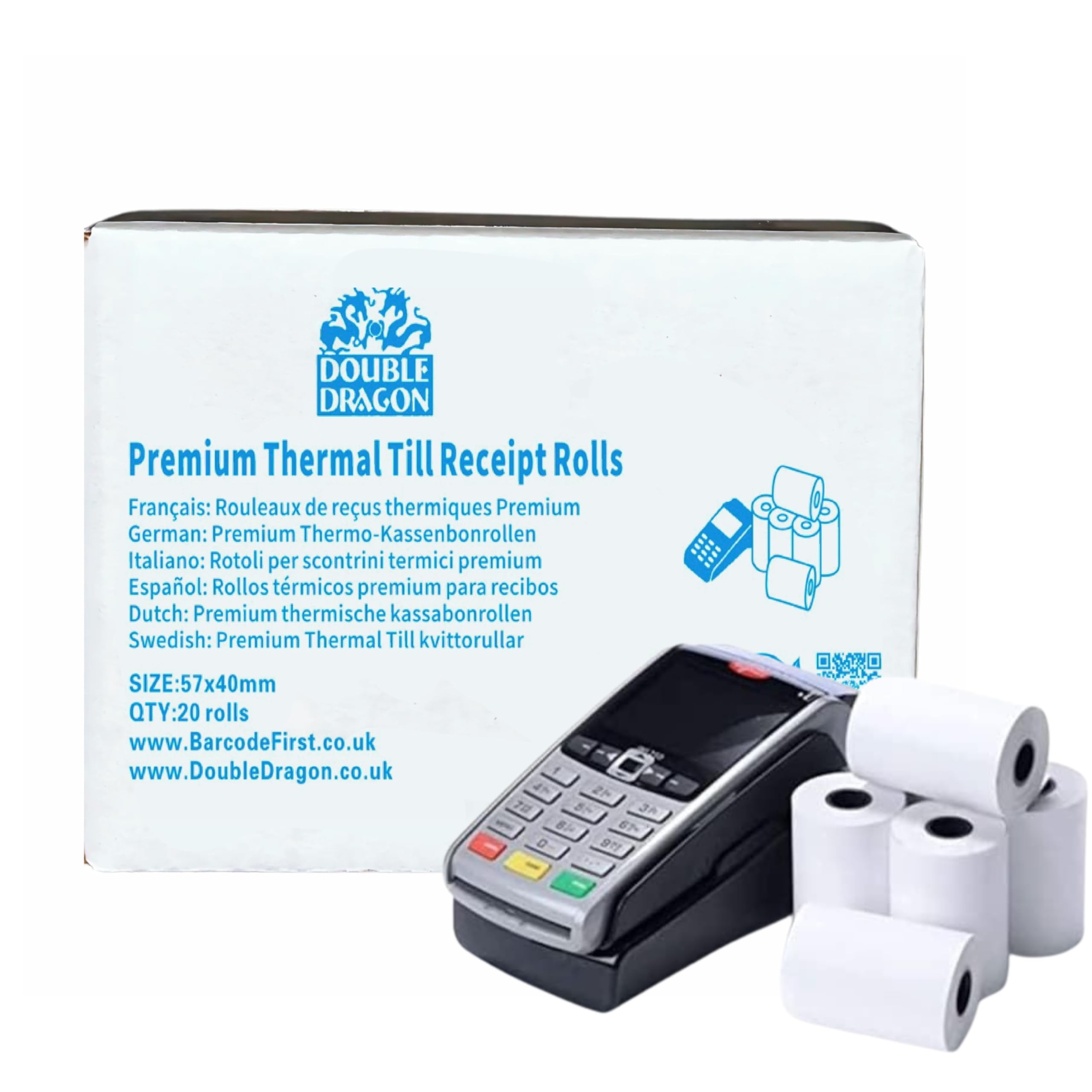Double Dragon Rollo de Papel Térmico Premium para Máquinas PDQ y TPV | Papel para Recibos | 57 x 40mm | Núcleo de 12,7mm | Compatible con Ingenico, Spire Payments, PAX, Verifone V240M (100 Rollos)