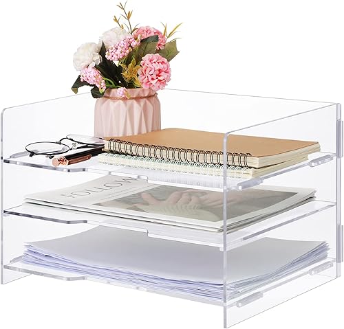 Zubebe Organizador de escritorio de 3 niveles, organizador de archivos de papel, bandeja de cartas de escritorio desmontable transparente, bandeja