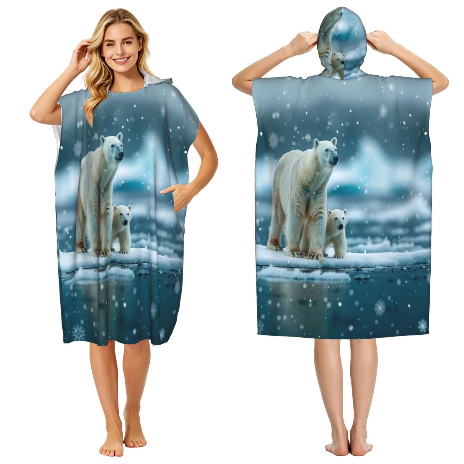 Polar Bear In Snowy Weather Adult Hooded Beach Poncho Towel 43"X35"