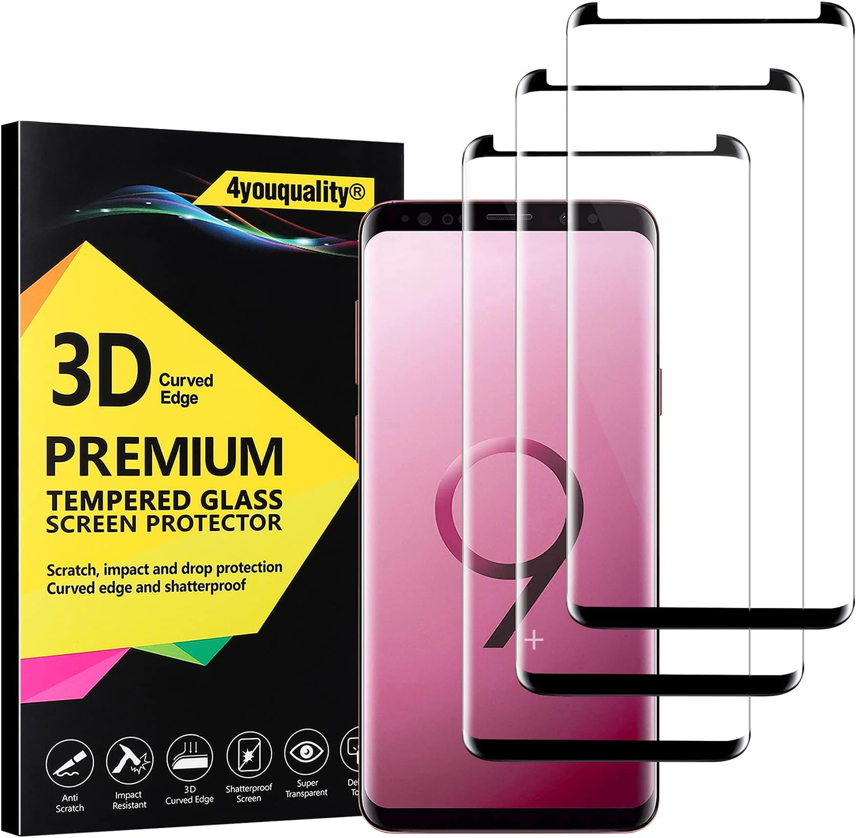 4youquality3-Pack Samsung Galaxy S9 Plus S9+ Screen Protector, Tempered Glass Film, Full Coverage, Scratch-Resistant
