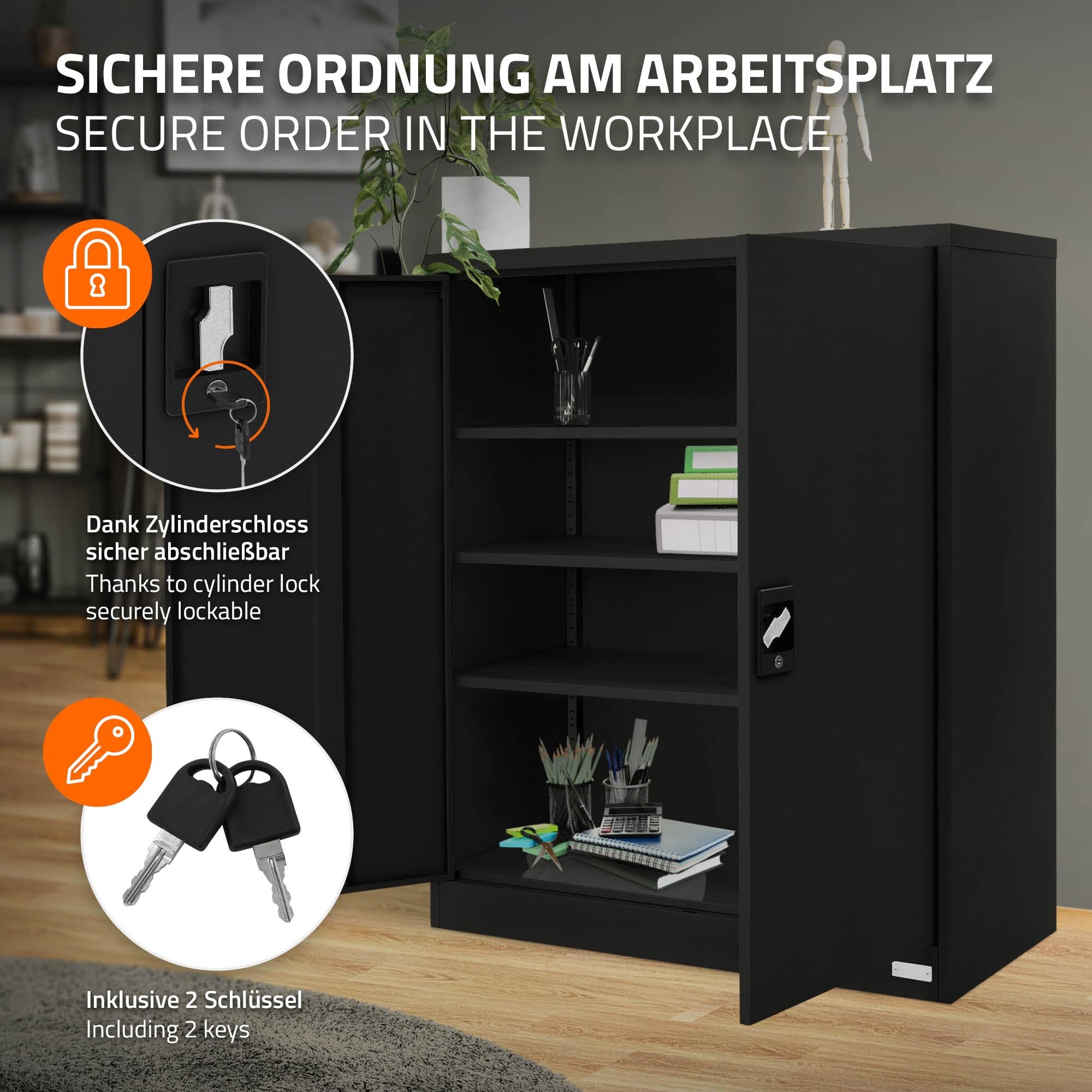 ML-Design Armadio per Archiviazione con Serratura Nero 90x40x109 cm Acciaio Schedario 3 Ripiani Regolabili in Altezza Armadio per Ufficio a 2 Ante Mobiletto Portadocumenti Armadietto Schedario