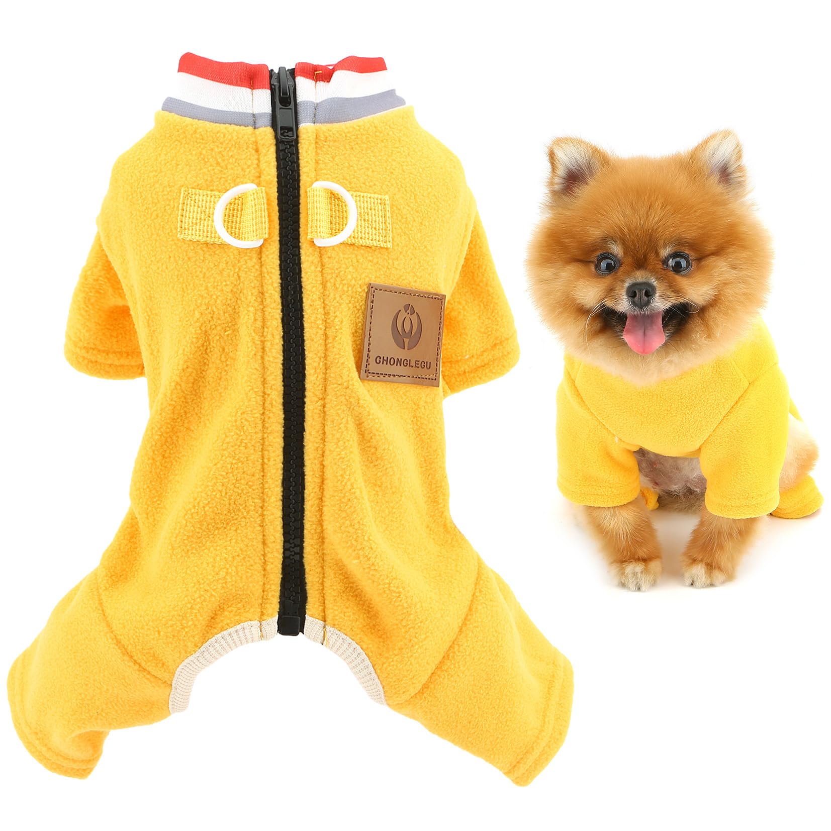 SMALLLEE_LUCKY_STORE Fuzzy Fleece Dog Pyjamas for Extra Small Dogs Warm Pajamas Solid Puppy Jumpsuit with Double D-Ring Turtleneck Zipper Back Winter Autumn Pjs Chihuahua Yorkshire Clothes Yellow L