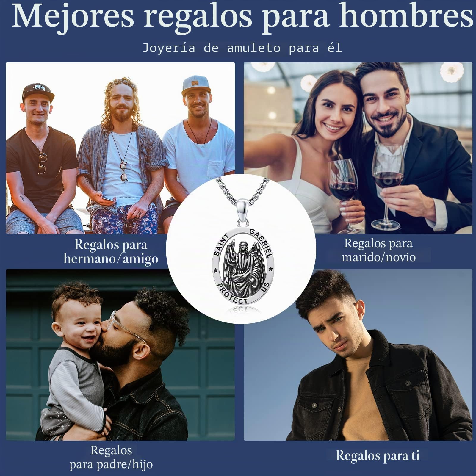 OHAYOO Collar de San Gabriel de plata de ley 925, collar de Arcángel Gabriel, colgante de San Gabriel, amuleto, medalla, joyería para hombres y mujeres