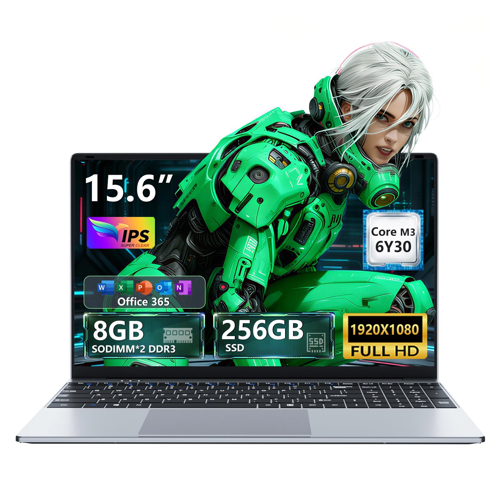 15.6 Inch Laptop with Office 365, Core M3-6Y30 Processor 8GB RAM 256GB SSD, Notebook IPS 1920 x 1080P Win 11, USB3.0 * 2, Mini HDMI, Wi-Fi 5, BT4.2 Laptops Computer