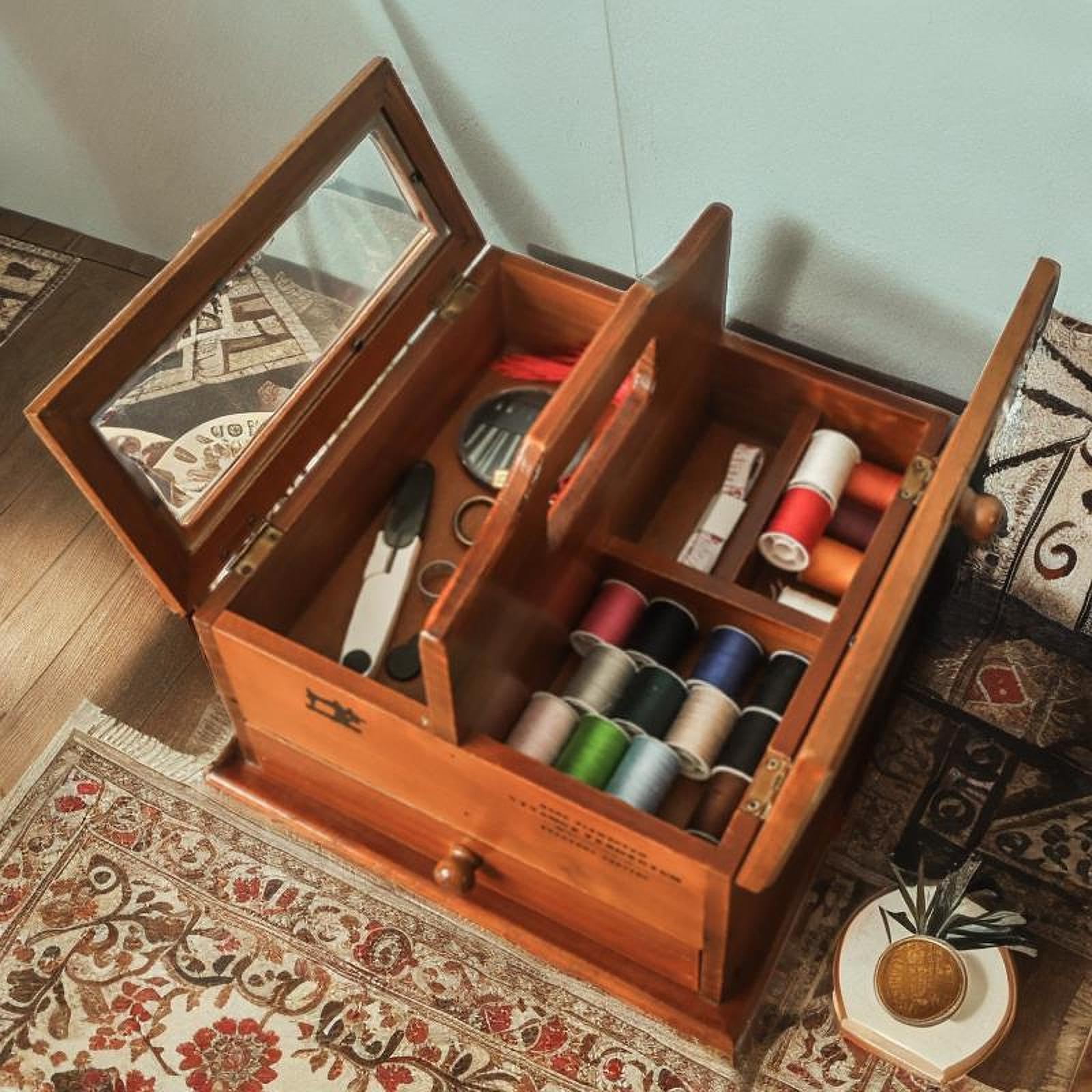 Caja de Costura de Madera, Caja de Almacenamiento para Manualidades, Carrete de Hilo de Coser,