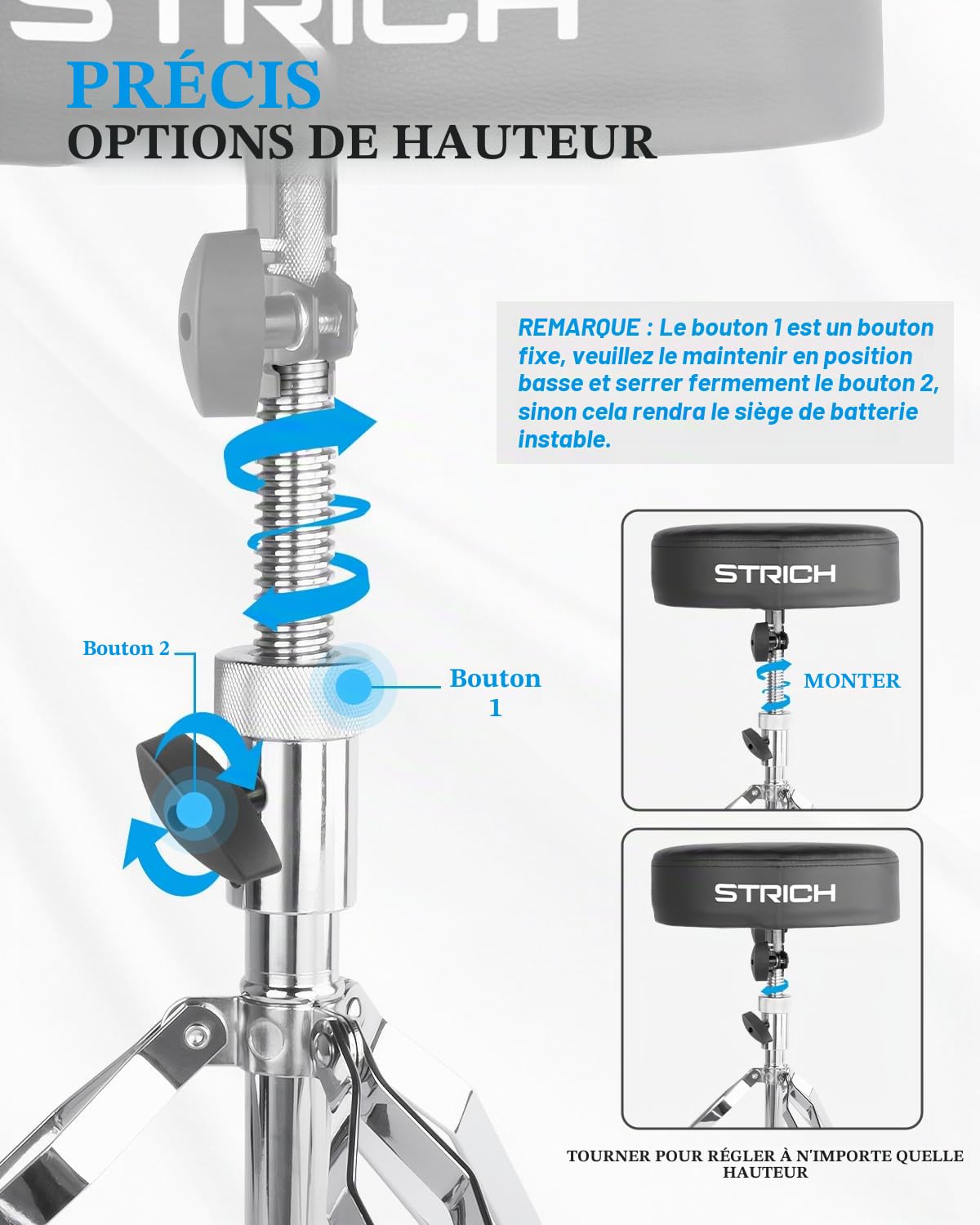 STRICH SDB-20 Siège de trône de batterie rembourré réglable en hauteur pour guitare avec baguettes 5 A