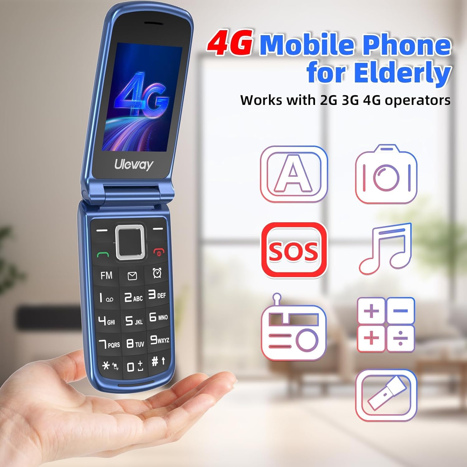 4G Seniorenhandy Klapphandy ohne Vertrag Großtasten Handy für Senioren mit Ladestation SOS Notruftaste 1000 mAh Akku Lange Standby-Zeit 2,4 und 1,8 Zoll Doppel Farbdisplay Blau