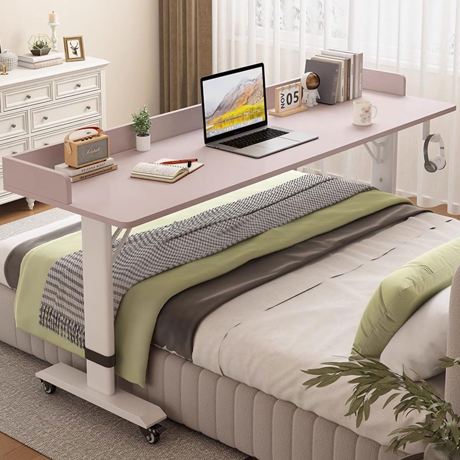 Regulowany stolik do spania na kółkach, 130 cm, łóżko typu queen-size, do użytku domowego i szpitalnego, lekkie, z przegrodą z regulacją wysokości nad łóżkiem, stacja robocza