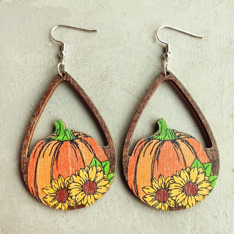 Fall Earrings for Women Thanksgiving Day Wooden Painted Earrings Cute Pumpkin Maple Leaf Sunflower Turkey Teardrop Dangle Earrings Lightweight Fun Autumn Drop Earrings For Girls Jewelry - Image 3