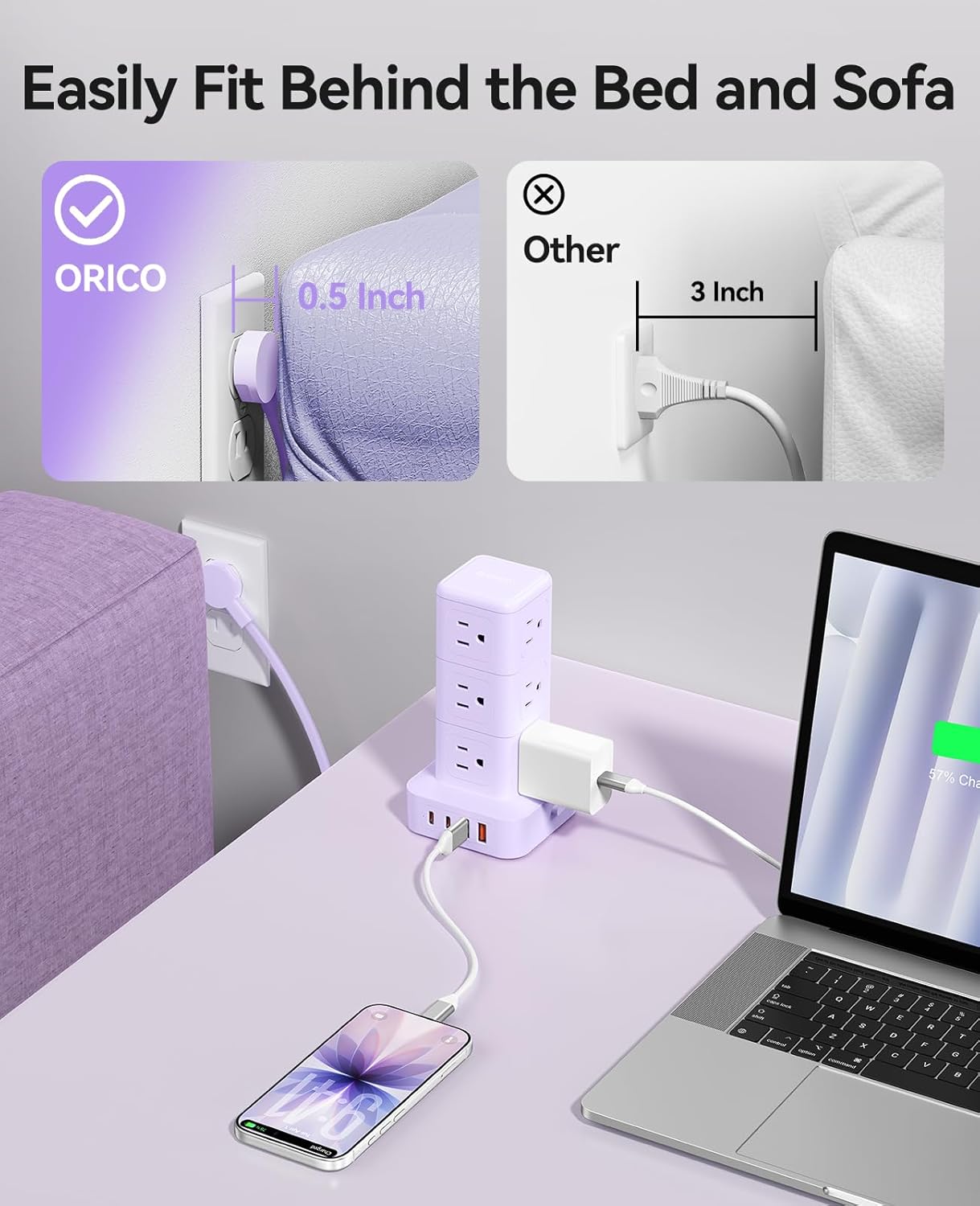 ORICO Power Strip Tower with Multiple Outlets, Tower Extension Cord with 12 AC Outlets 4 USB Ports (2 USB C), Space Saving Design, 5FT Cord Power Tower for Home, Office, Dorm - TPP20