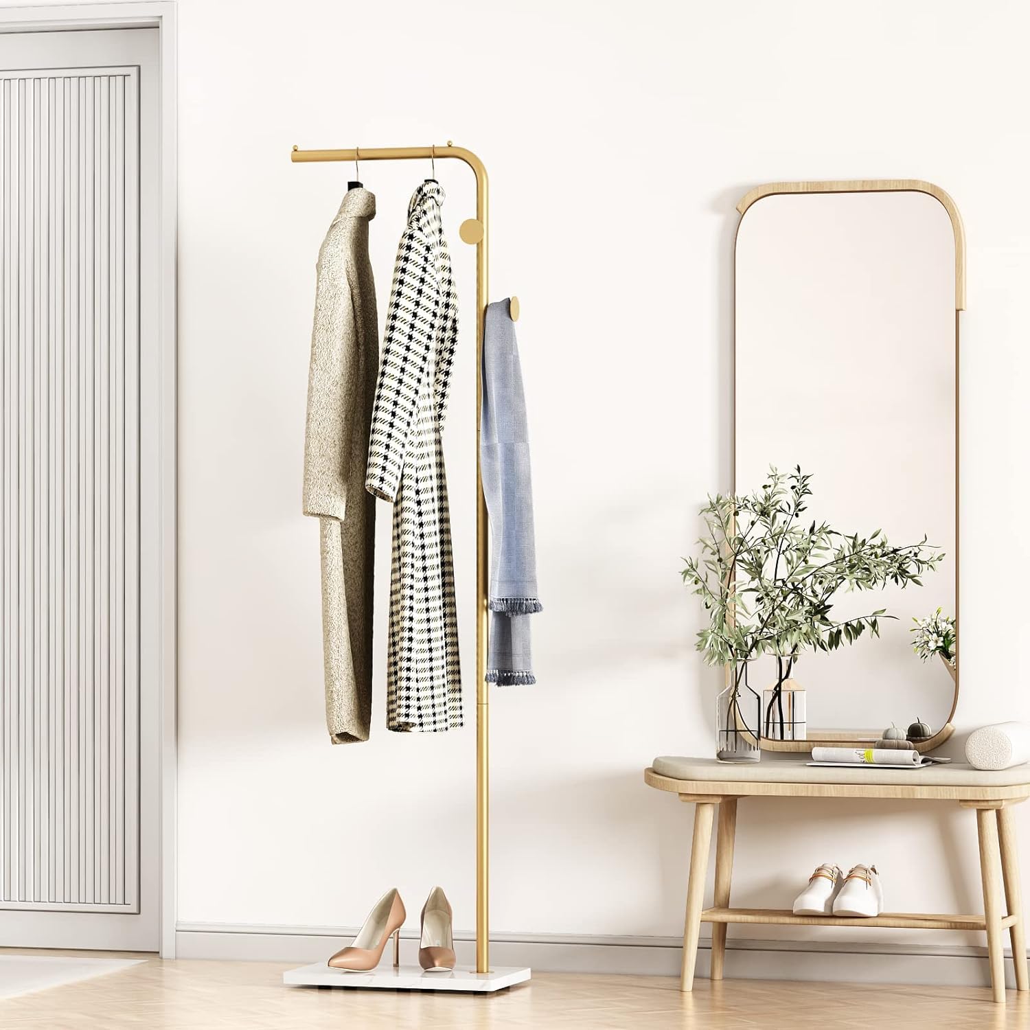 Gold Coat Rack Freestanding, Gold Clothes Rack with Natural Marble Base,Coat Tree with 3 Hooks, 68" Modern Coat Stand for Bedroom, Office, Hallway, Entryway, Living Room,Gold (Golden rack-white base)
