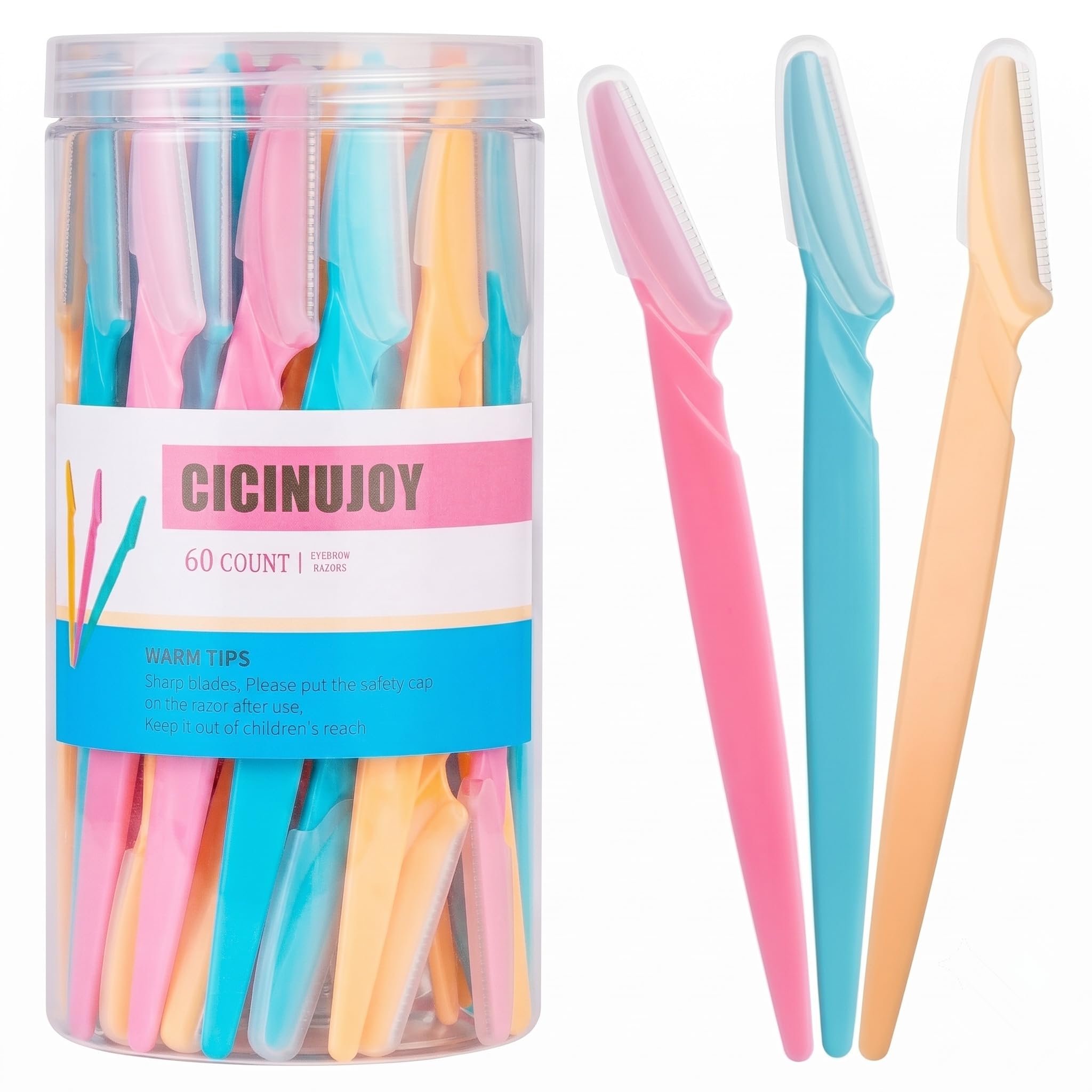 60pcs Dermaplane Razor for Women Face, Stainless Steel (Pink Yellow Blue）