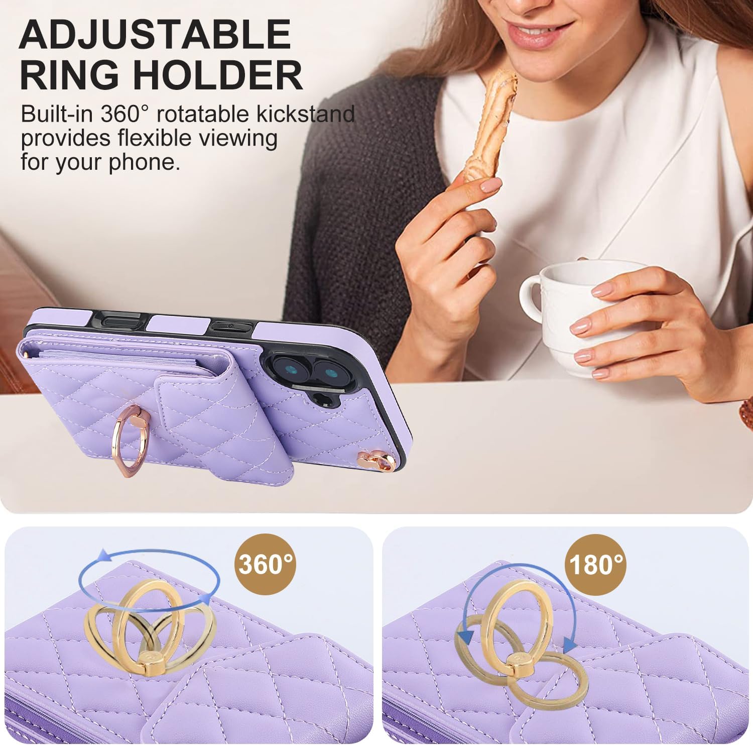 Asuwish Compatible with iPhone 16 6.1 inch Wallet Case Tempered Glass Screen Protector and Wrist Strap Ring Stand RFID Blocking Card Holder Cell Phone Cover for i Phone16 i16 16Case Women Girls Purple