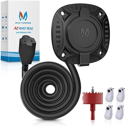 MICTUNING Enchufe de puerto de CA de 15A de 72 pulgadas con cable de extensión integrado resistente con tapa resistente y sierra de agujero - Negro