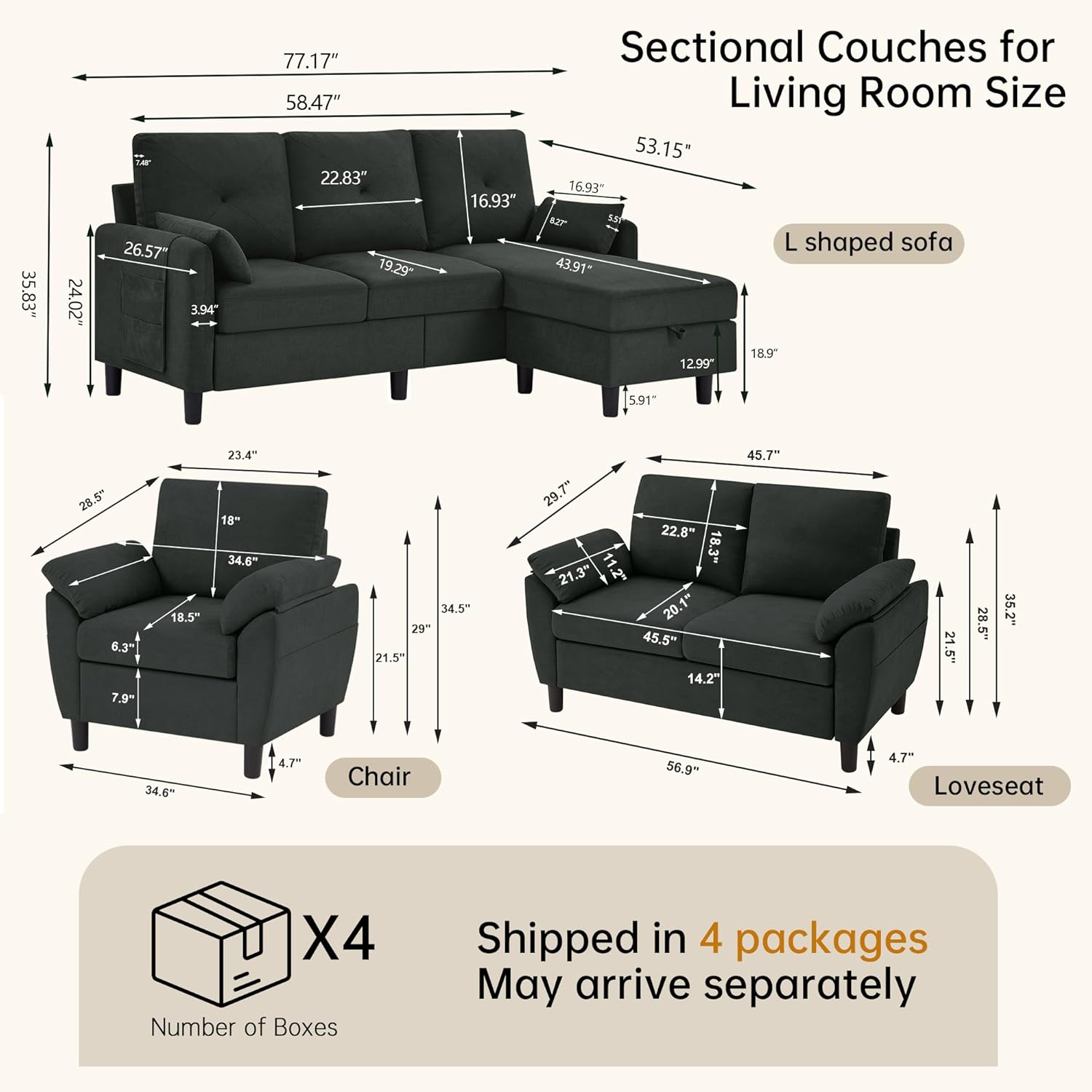 Sectional Couch Set, L Shaped Sofa with Reversible Chaise, Loveseat, Armchair, 4 PCS Convertible Small Couches for Small Spaces, Living Room, Apartment and Office, Black