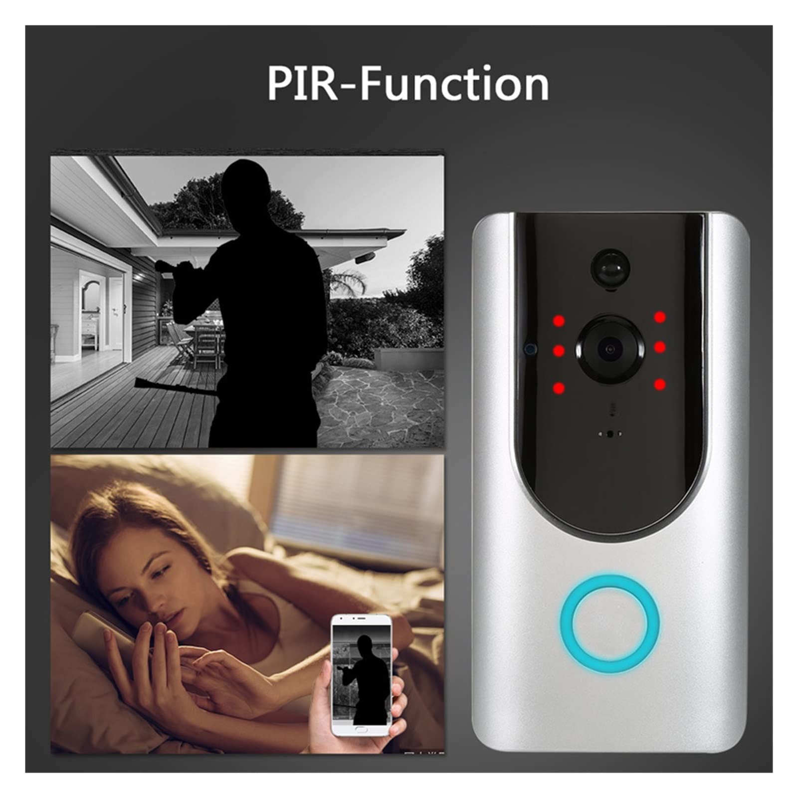 Telecamera campanello senza fili, campanello video wireless per casa intelligente, anello HD 720P, fotocamera 1.0 MP, visione notturna, audio bidirezionale, app telefono, allarme PIR a distanza