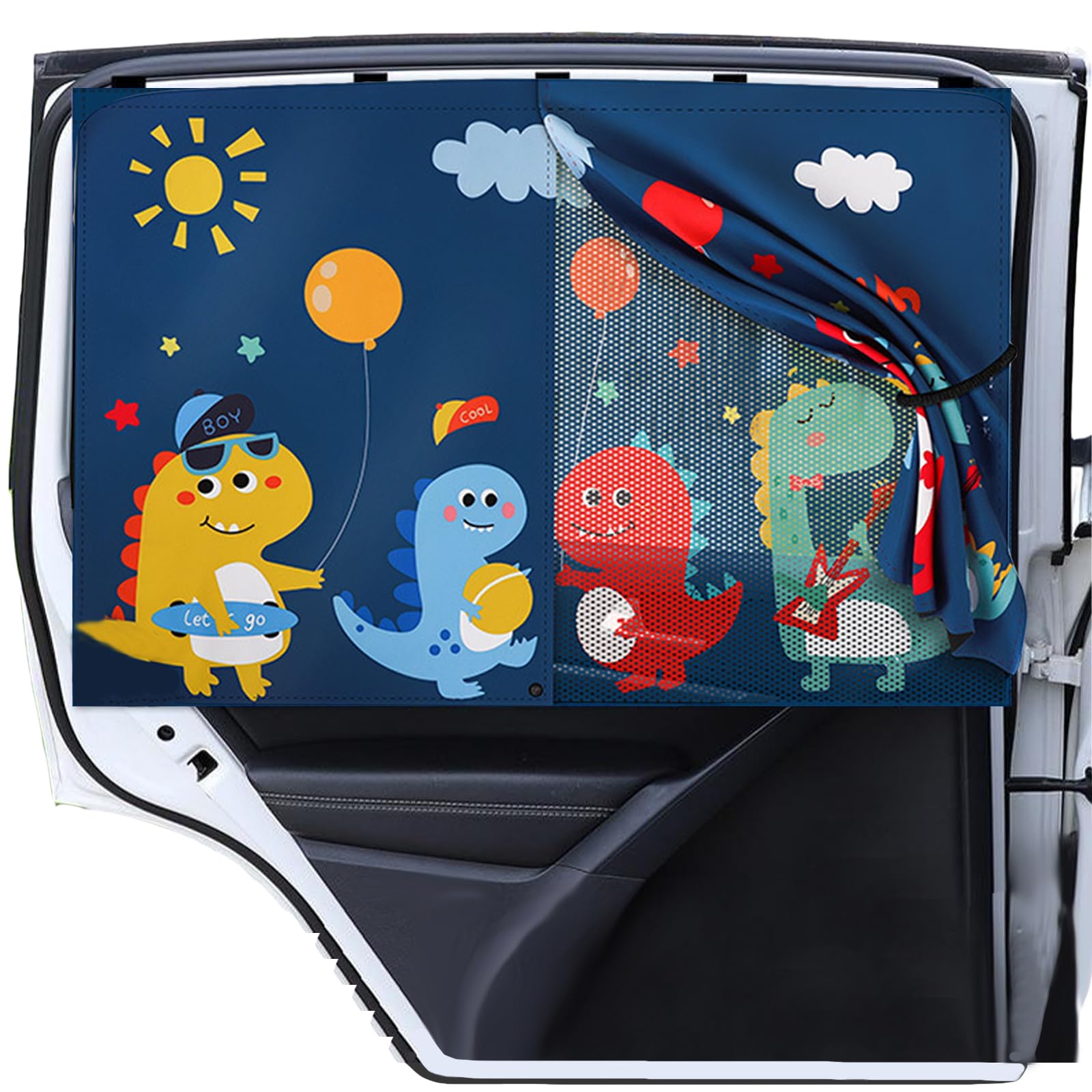 Parasol para coche para bebé, 68 x 50 cm, protección solar trasera del coche, hebillas magnéticas ajustables, protección solar para coche para niños con protección UV, bonito diseño de dinosaurio