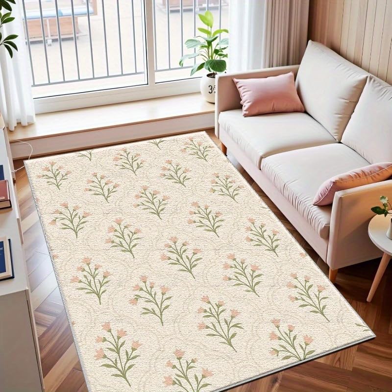 Tapis bohème beige en peluche courte lavable motif floral 90x170 cm