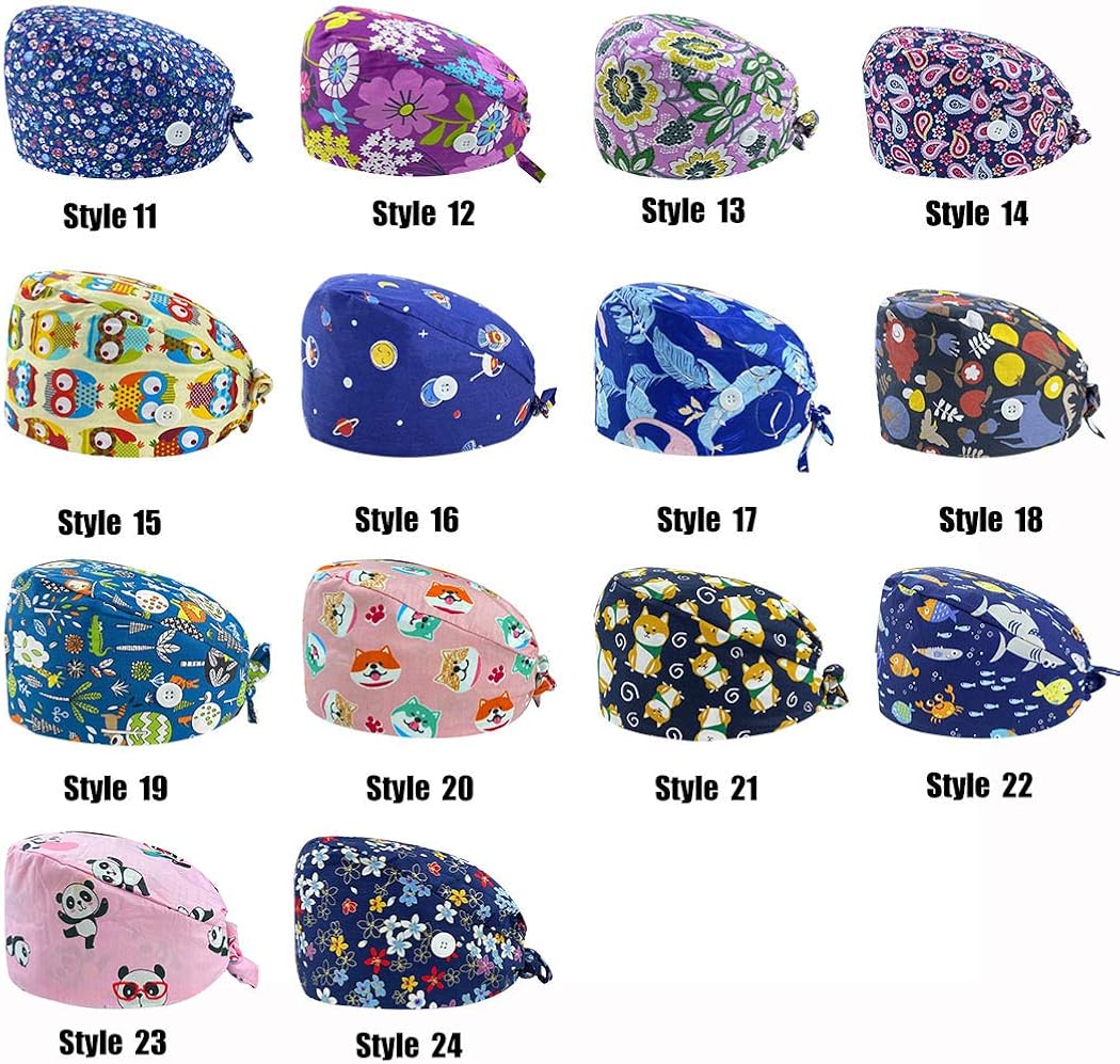 Leader Jin Cute Printed Working Cap Bouffant Turban Cap with Button and Sweatband Adjustable Tie Back Hats for Women/Me
