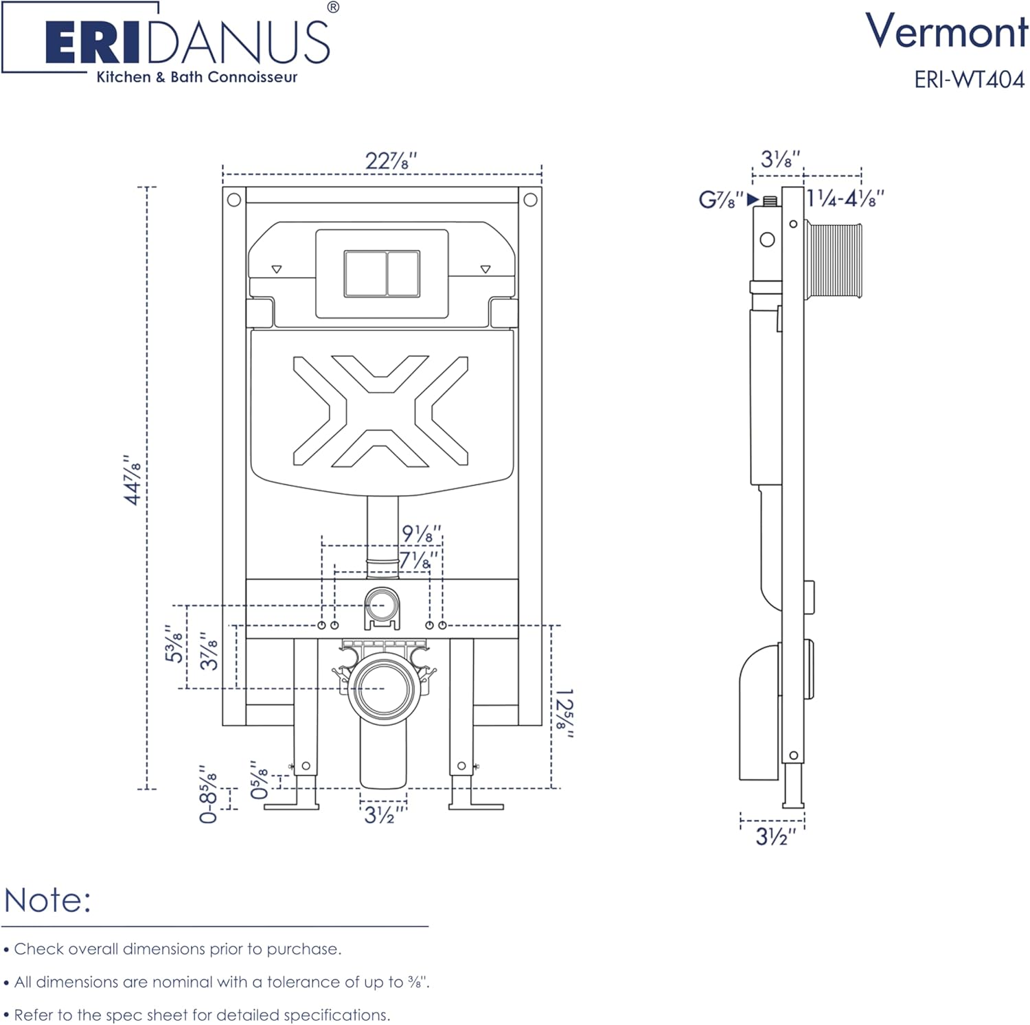 Technical data and dimensions for the Eridanus Vermont In-Wall Tank Carrier (ERI-WT404).