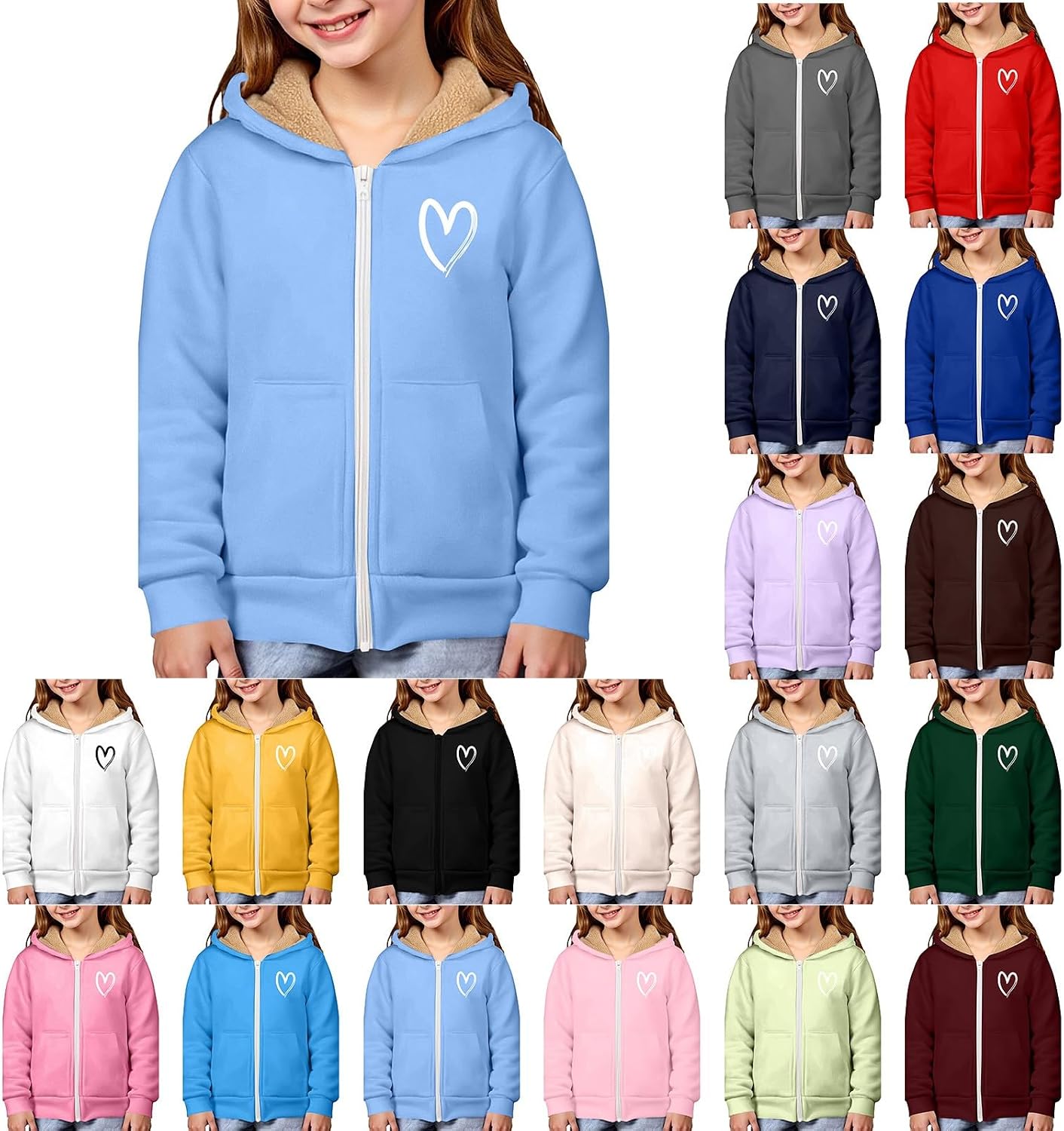 Boys Girls Cute Heart Hoodies Zip Up Fleece Lined Sweatshirt Valentines Day Preppy Sweater Teen Spring Long Sleeve Clothes
