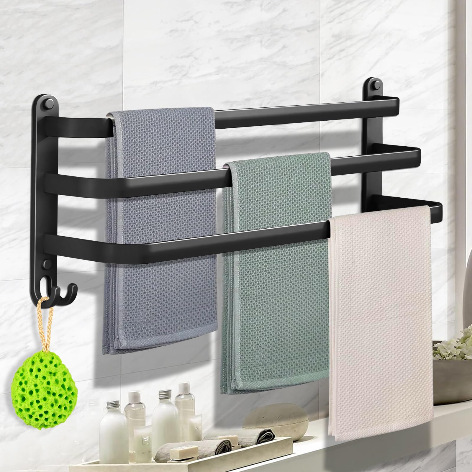 Porta Asciugamani Da Parete 3 Livelli - Nero, Adesivo O Con Viti, Salvaspazio Per Bagno - Foto 7