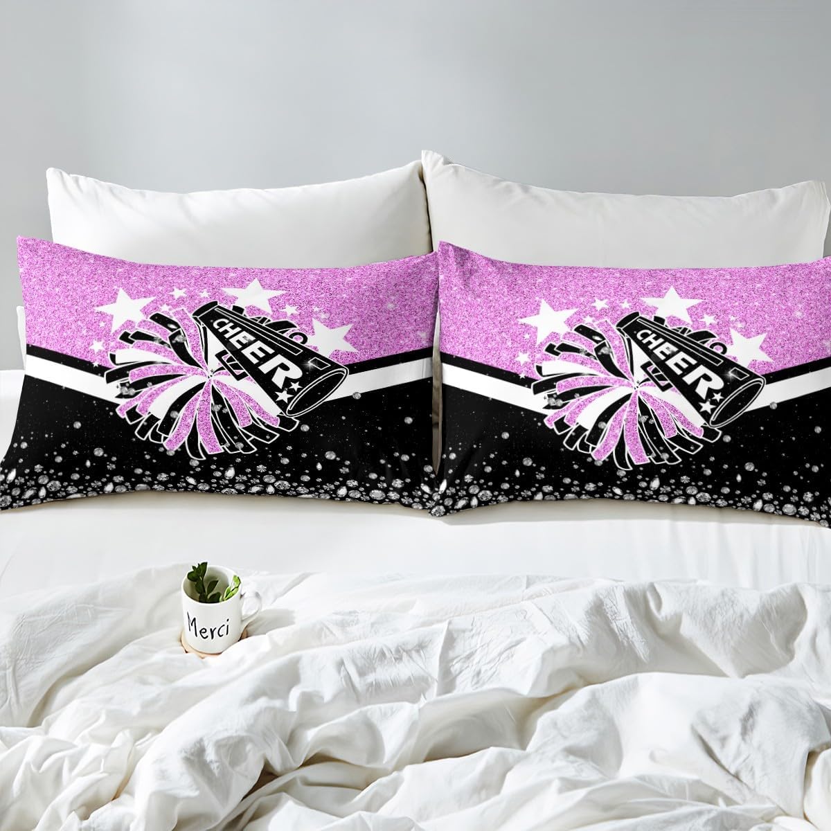 Erosebridal Black and Pink Cheer Fitted Sheet Cheerleading Cheerleader Full Bedding Sets, Cheerleading Gifts Fitted Bed Sheets Sequins and Diamond Pattern Bed Sheets, Cute Princess Sheets 3Pcs