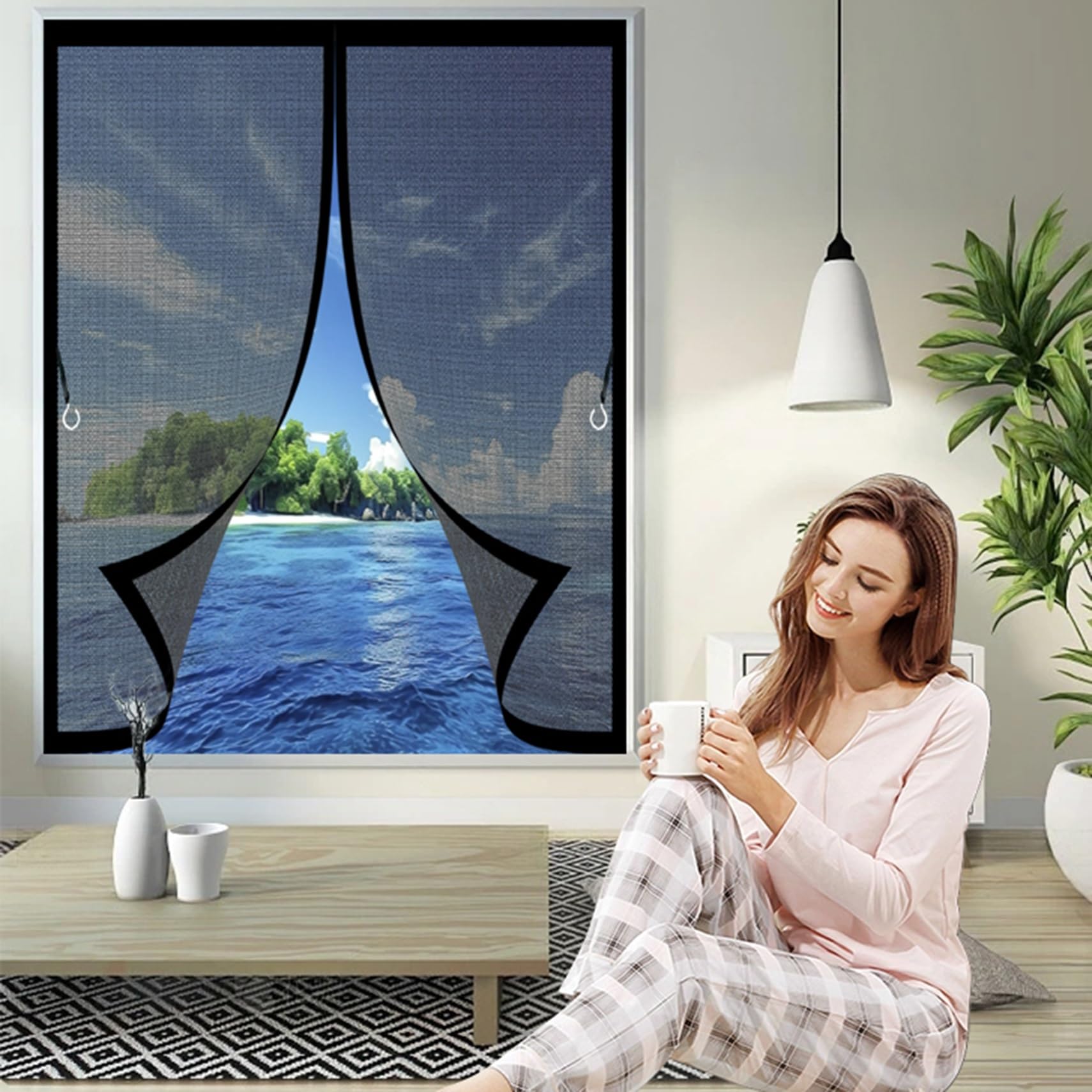 Moustiquaire de balcon magnétique rideau noir 161x110 cm fermeture automatique fenêtre